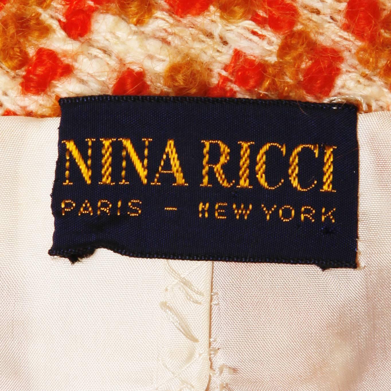 Orange Nina Ricci - Ensemble vintage de costume : jupe et veste en soie et laine, couture, années 1960 en vente