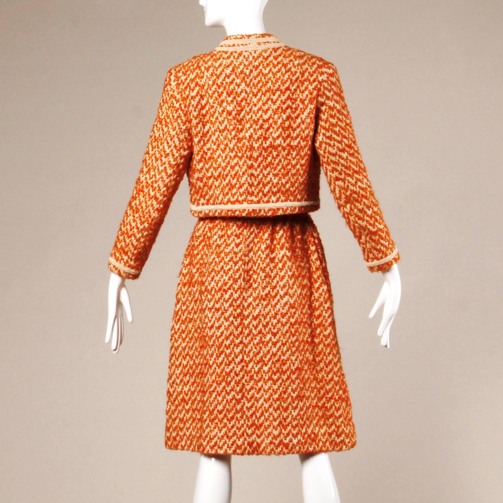 Orange Nina Ricci Vintage 1960s 60s Couture Wool Silk Jacket + Skirt Suit Ensemble For Sale