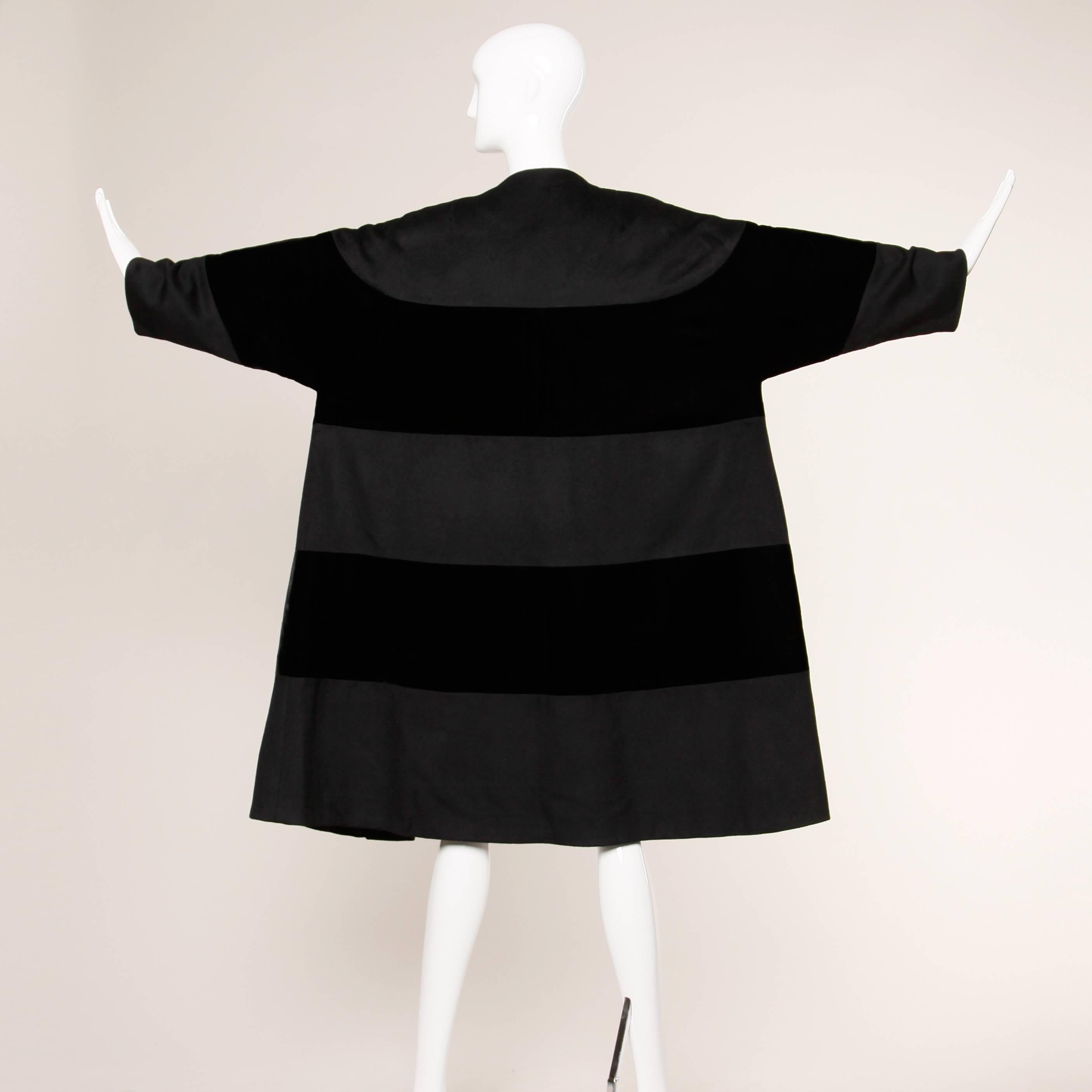 Women's Incredible Don Loper Vintage 1960s Black Velvet + Wool Striped Swing Coat