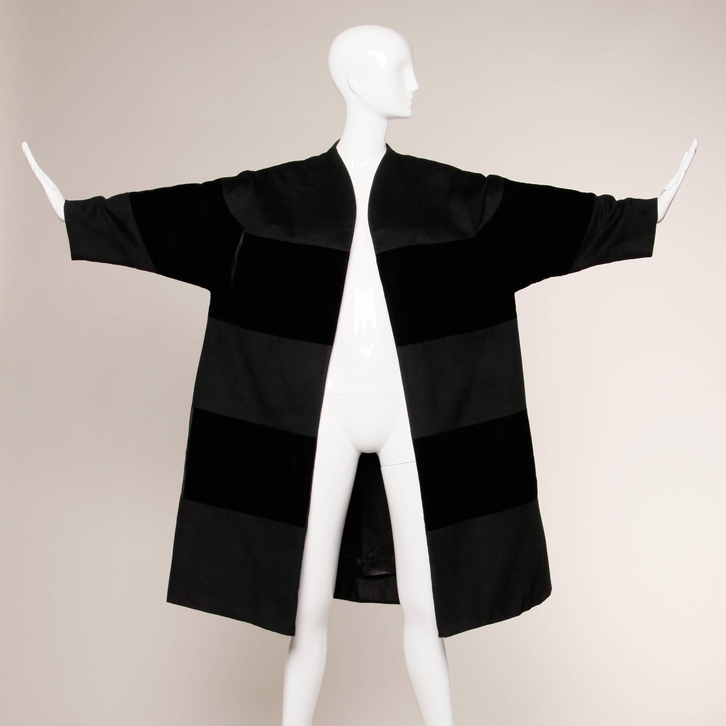 Incredible Don Loper Vintage 1960s Black Velvet + Wool Striped Swing Coat 1