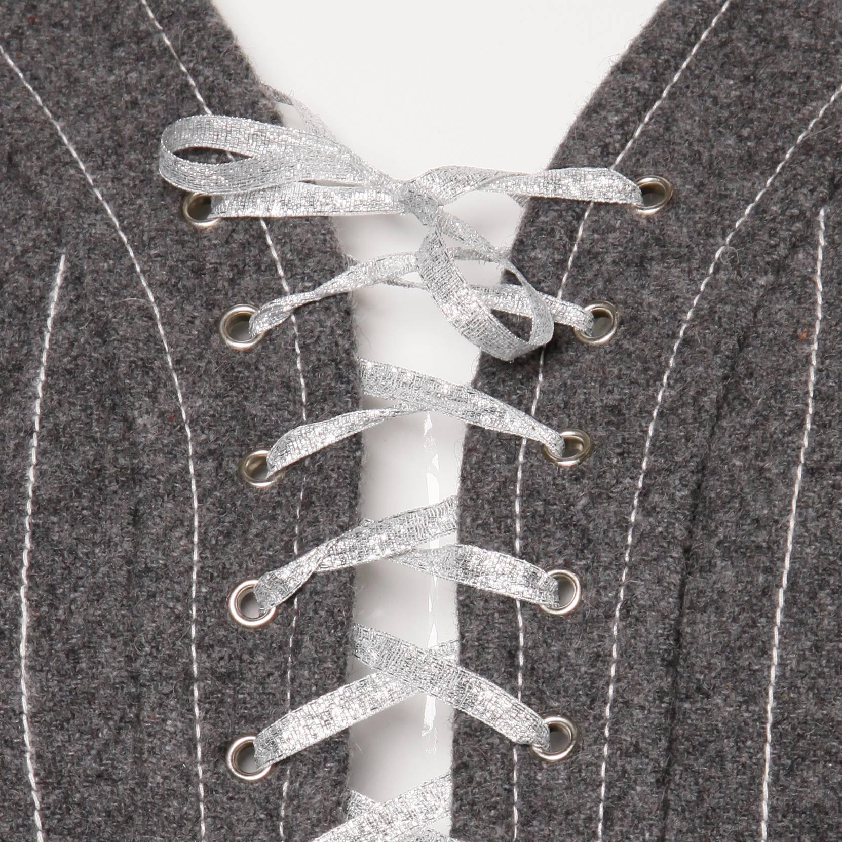 Louis Feraud 1960s Vintage Gray Wool Lace Up Mod Dress For Sale 1