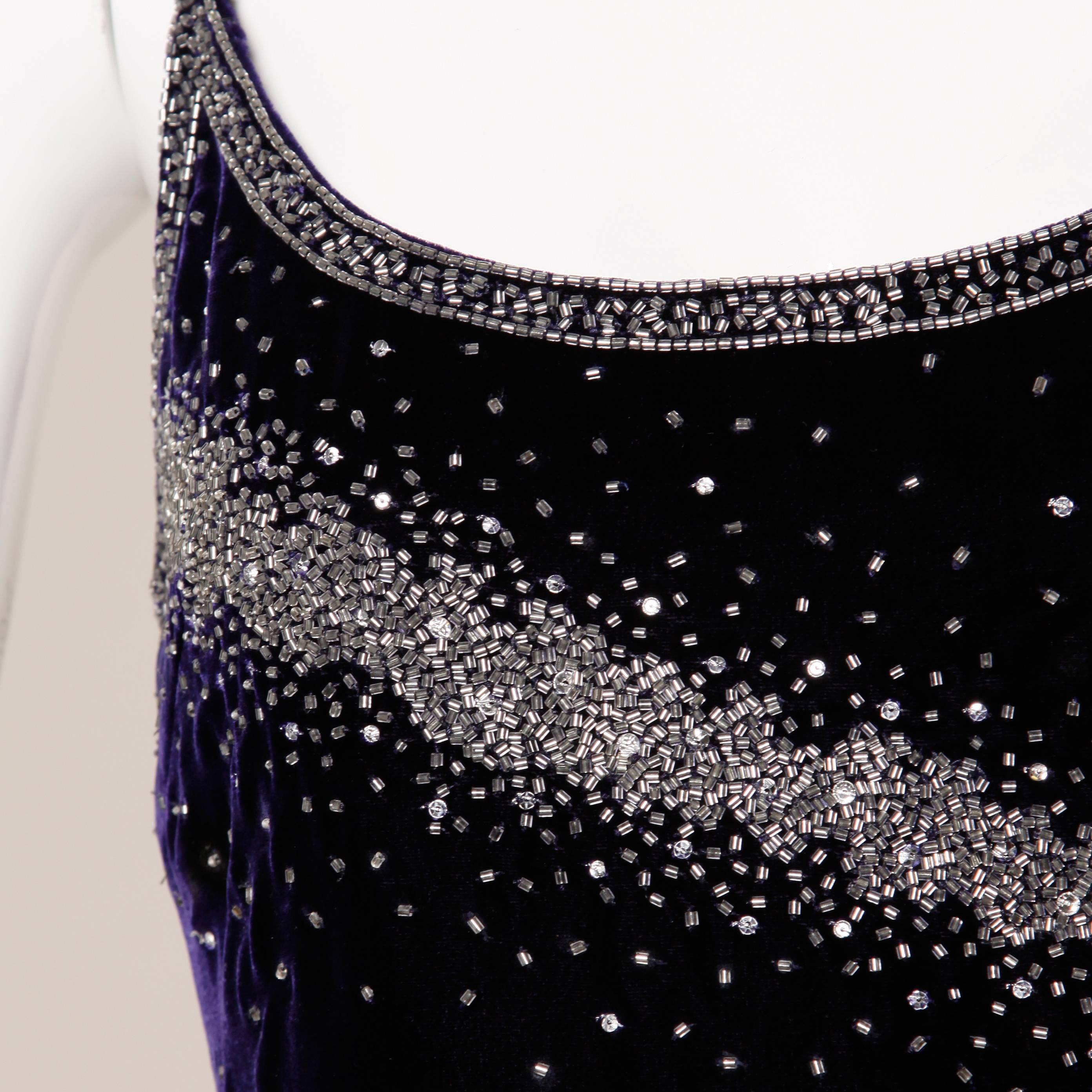 Black Emanuel Ungaro Vintage Purple Velvet Cocktail Dress with Metallic Sequin + Beads