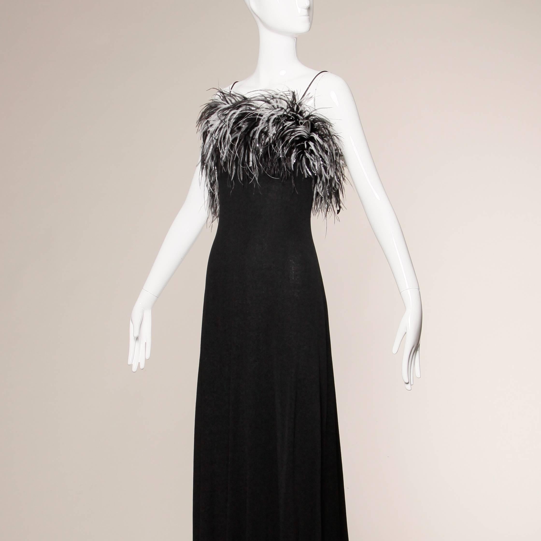 Black 1970s Vintage Jersey Knit Maxi Dress with Metallic Ostrich Feathers