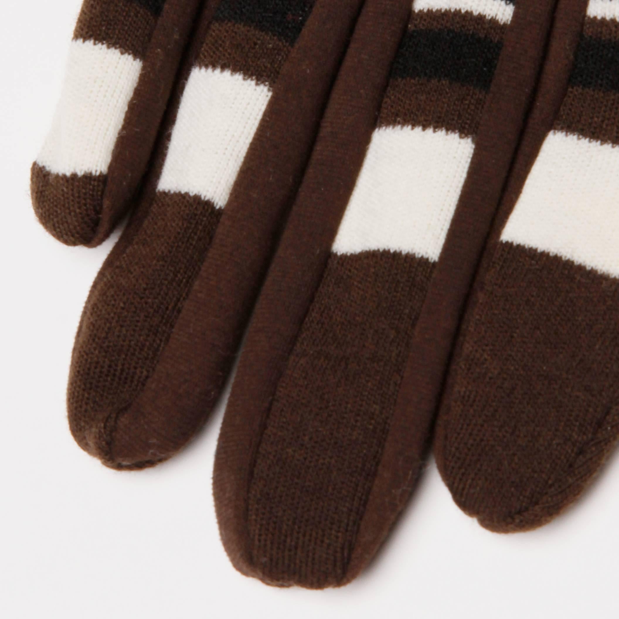 1960s Pierre Cardin Brown Black Striped Wool Gloves with Vinyl Trim 2