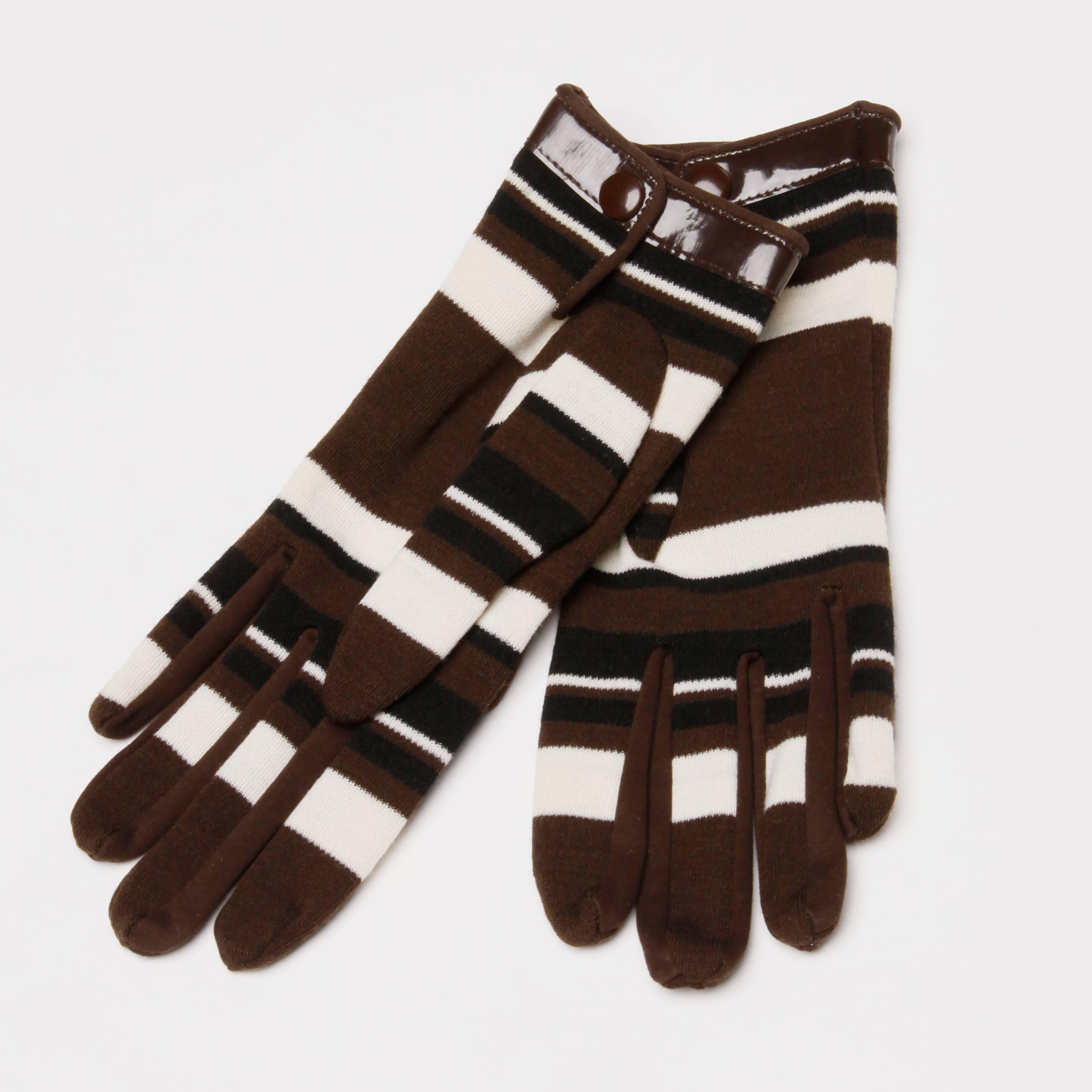 1960s Pierre Cardin Brown Black Striped Wool Gloves with Vinyl Trim 1