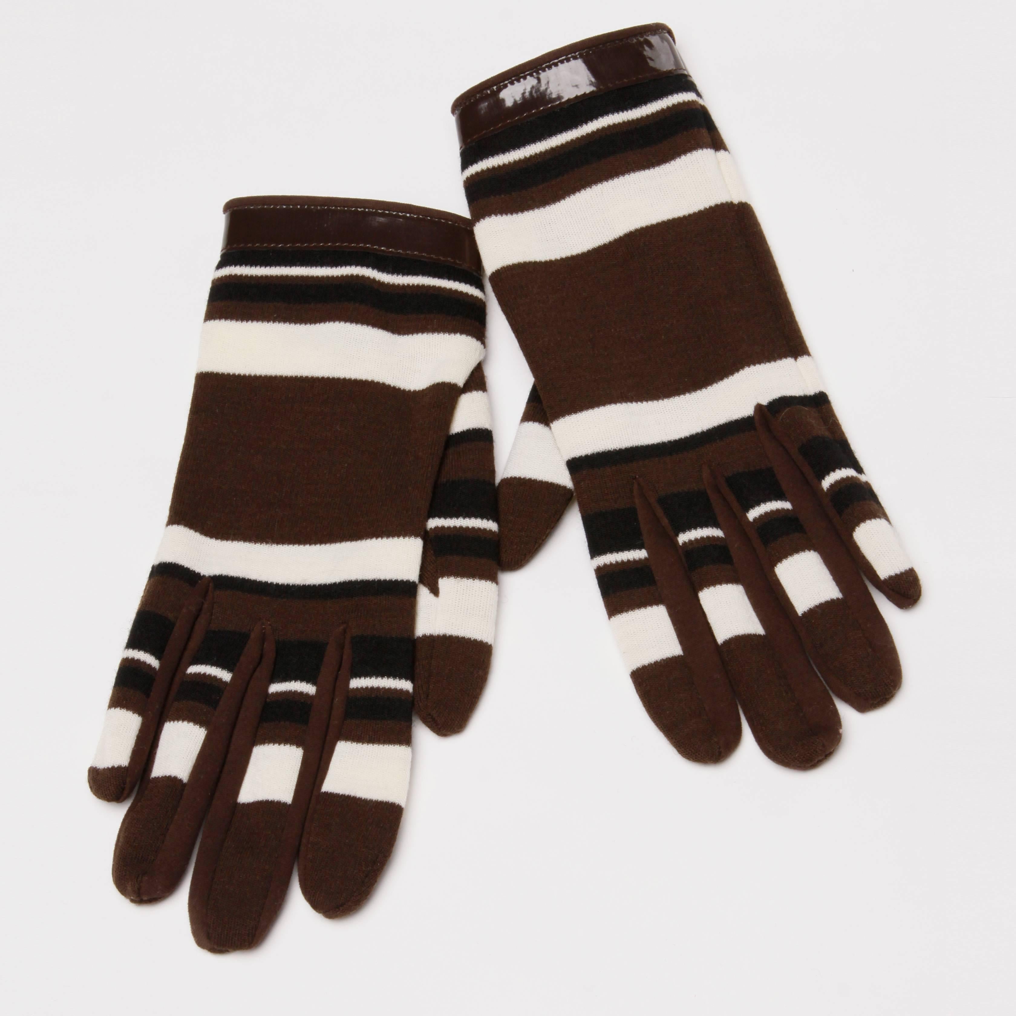 1960s Pierre Cardin Brown Black Striped Wool Gloves with Vinyl Trim In Excellent Condition In Sparks, NV