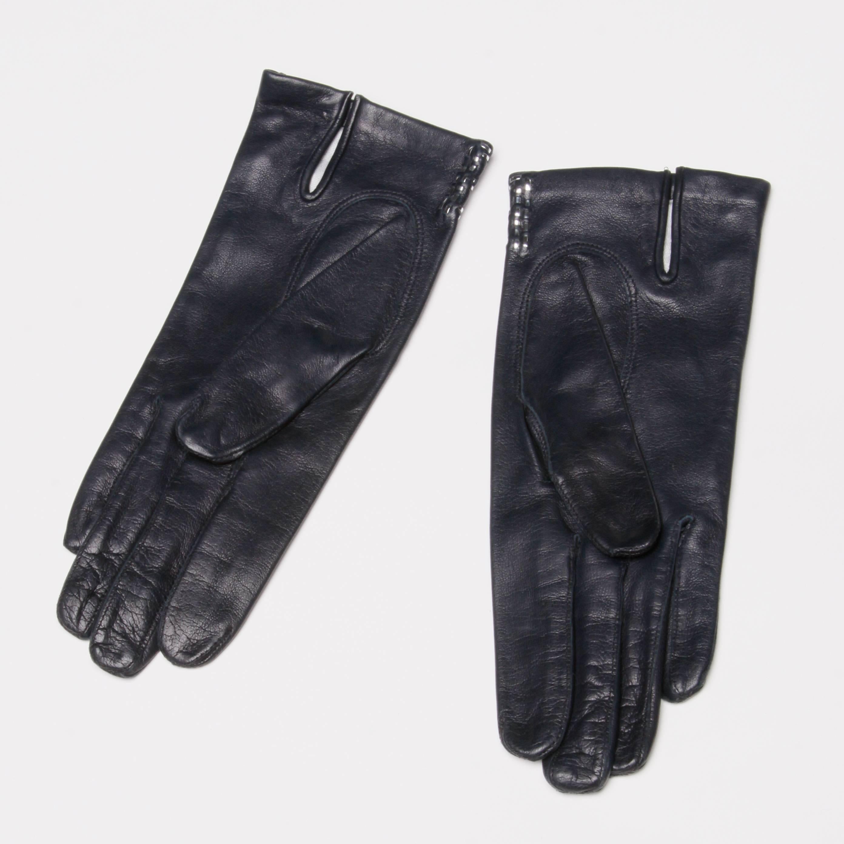1970s Christian Dior Vintage Navy Blue Kidskin Leather Gloves with Silk ...