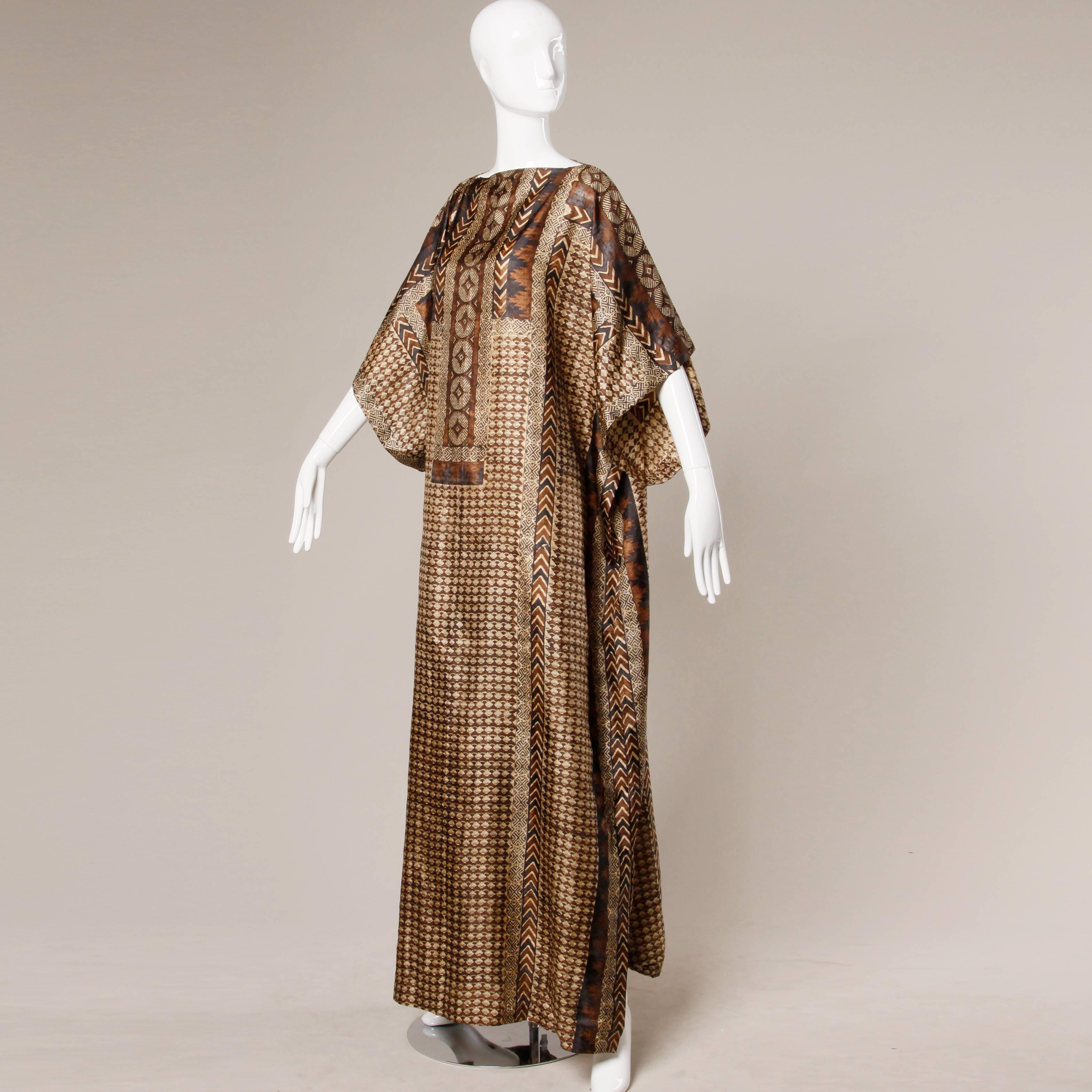 1970s Vintage 100% Silk Hand Block Printed Indian Caftan Dress 3