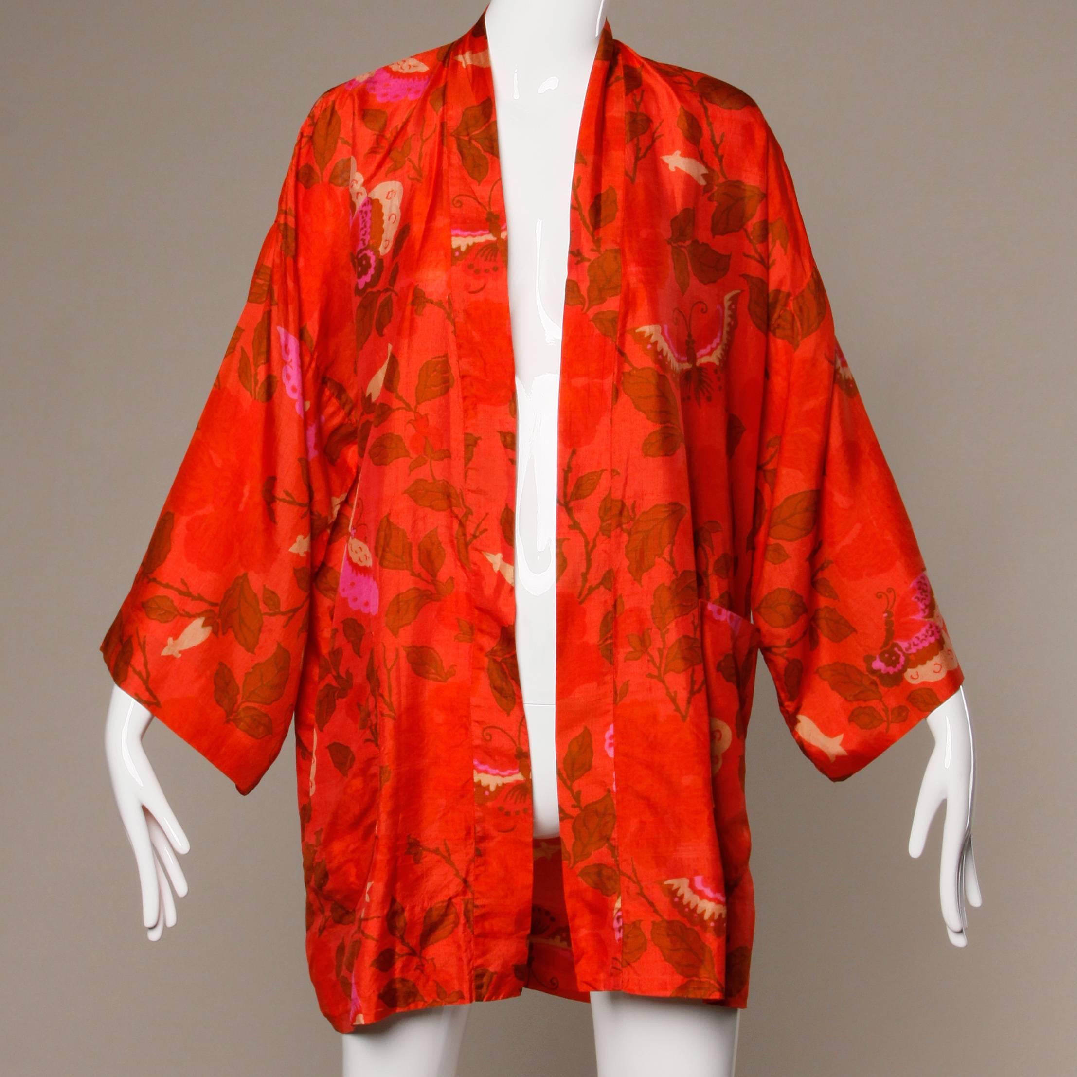 1970s Vintage Hand Woven Thai Silk Kimono Robe with Block Print 1