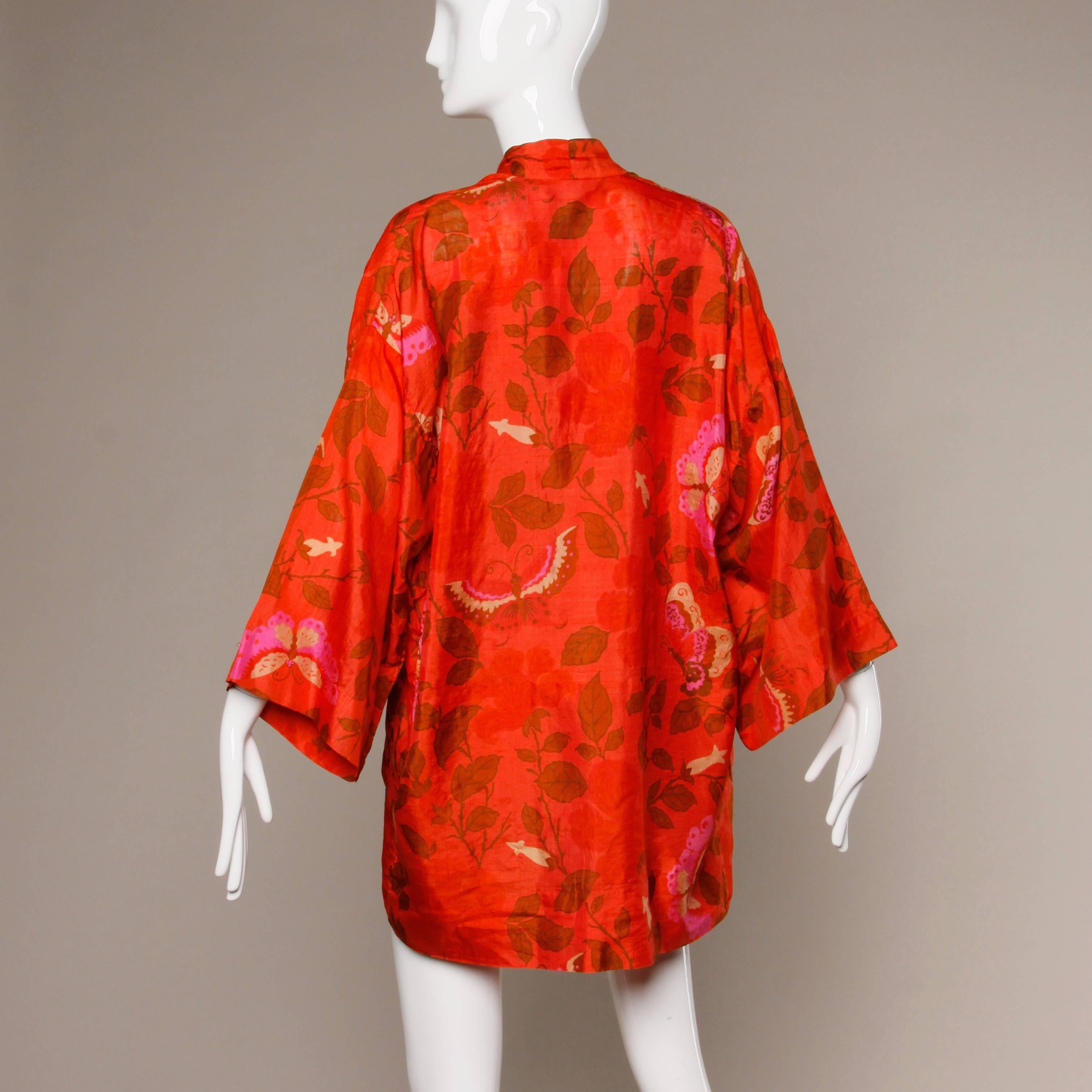 Red 1970s Vintage Hand Woven Thai Silk Kimono Robe with Block Print
