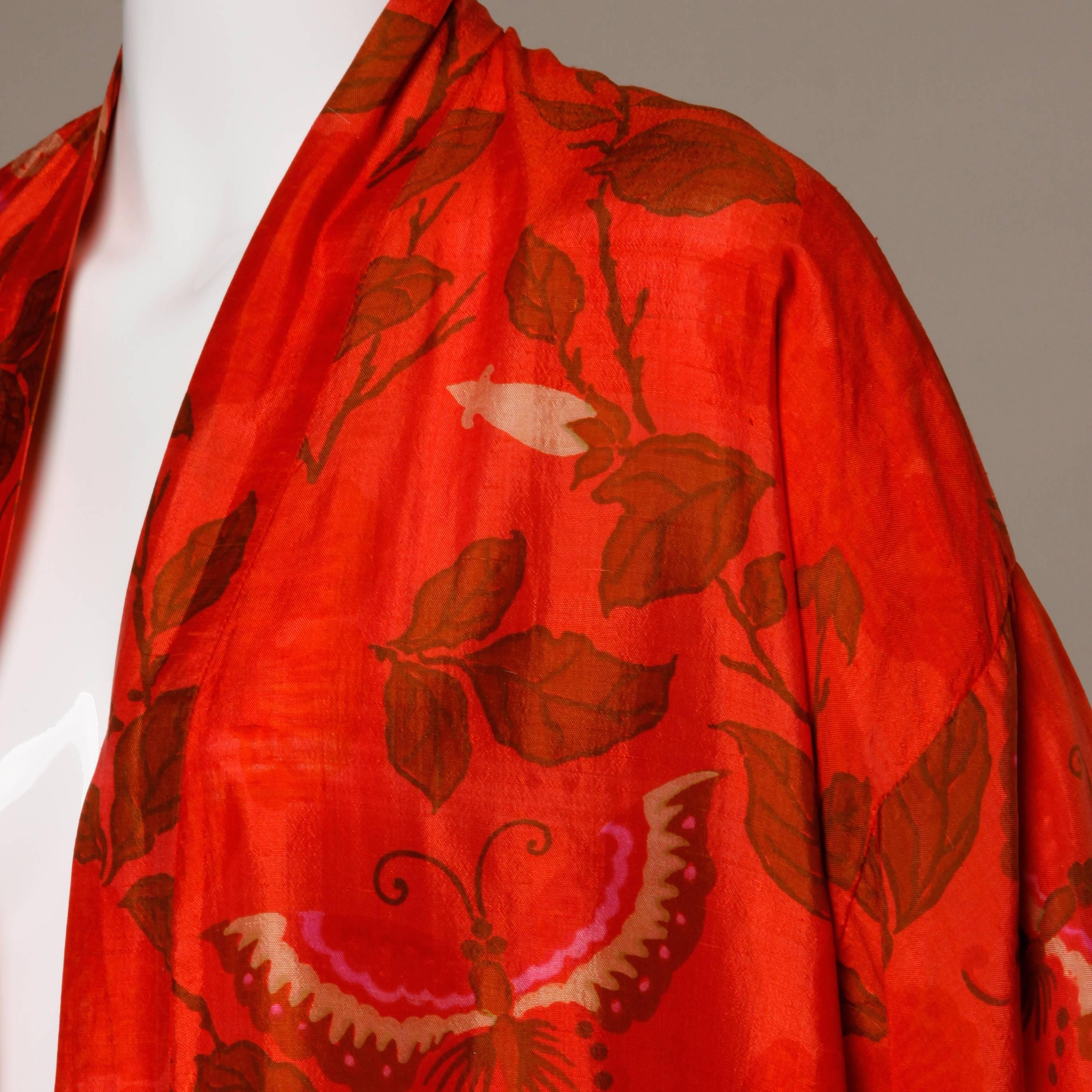 1970s Vintage Hand Woven Thai Silk Kimono Robe with Block Print 4