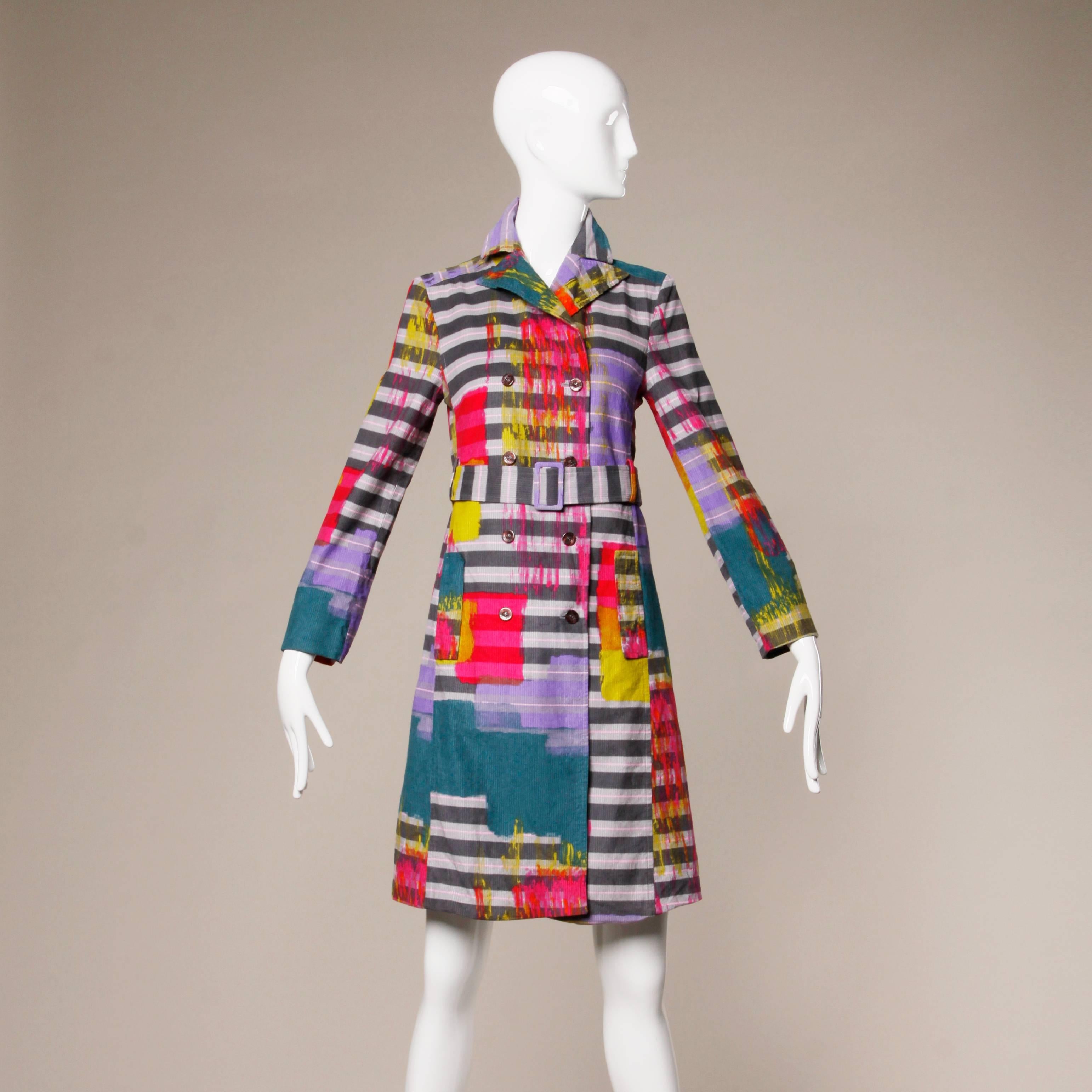 Christian Lacroix Vintage Neon Striped Paint Splash Coat with Belt In Excellent Condition In Sparks, NV