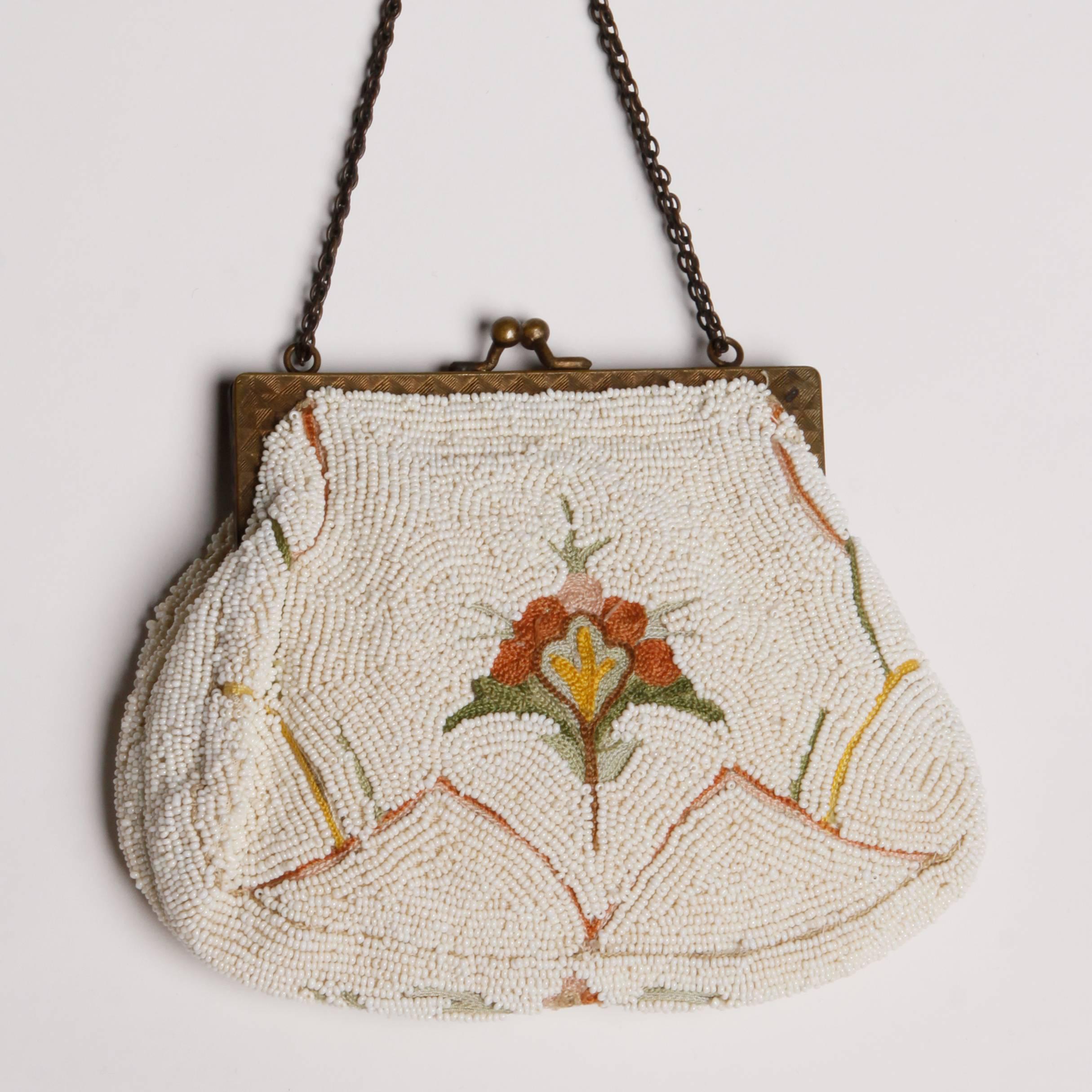 Women's French Hand Made White Beaded Bag with Floral Embroidery