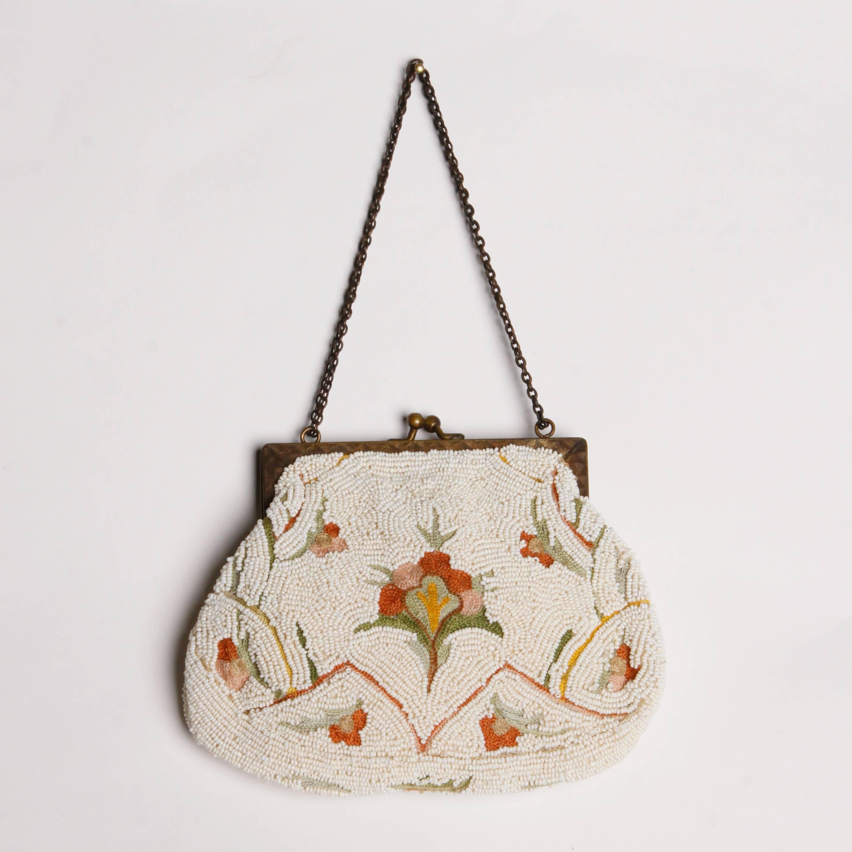 Beige French Hand Made White Beaded Bag with Floral Embroidery