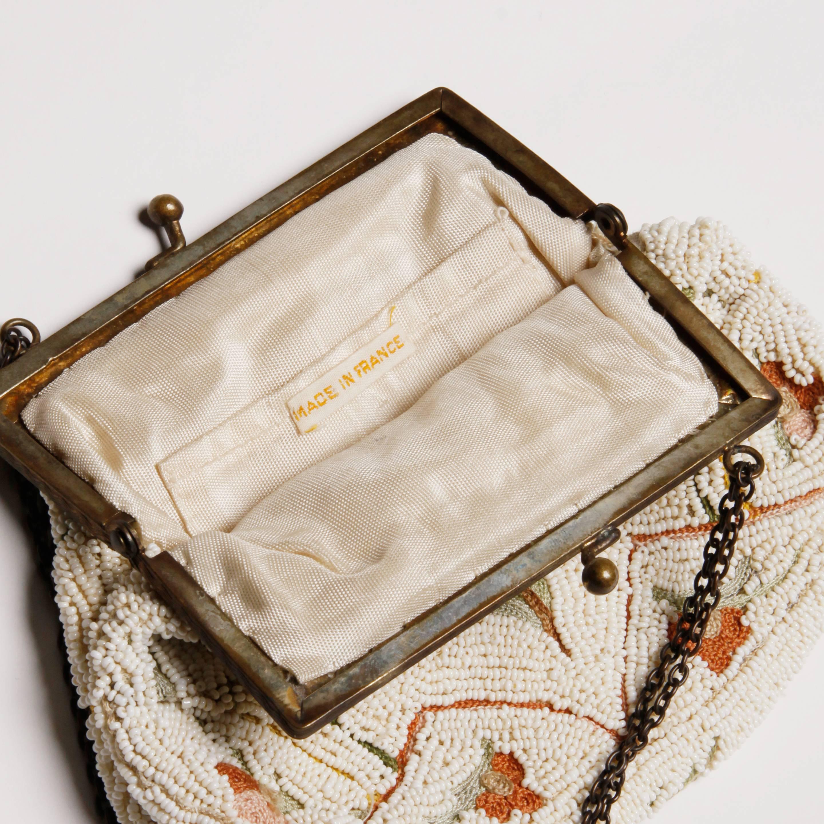 French Hand Made White Beaded Bag with Floral Embroidery 2