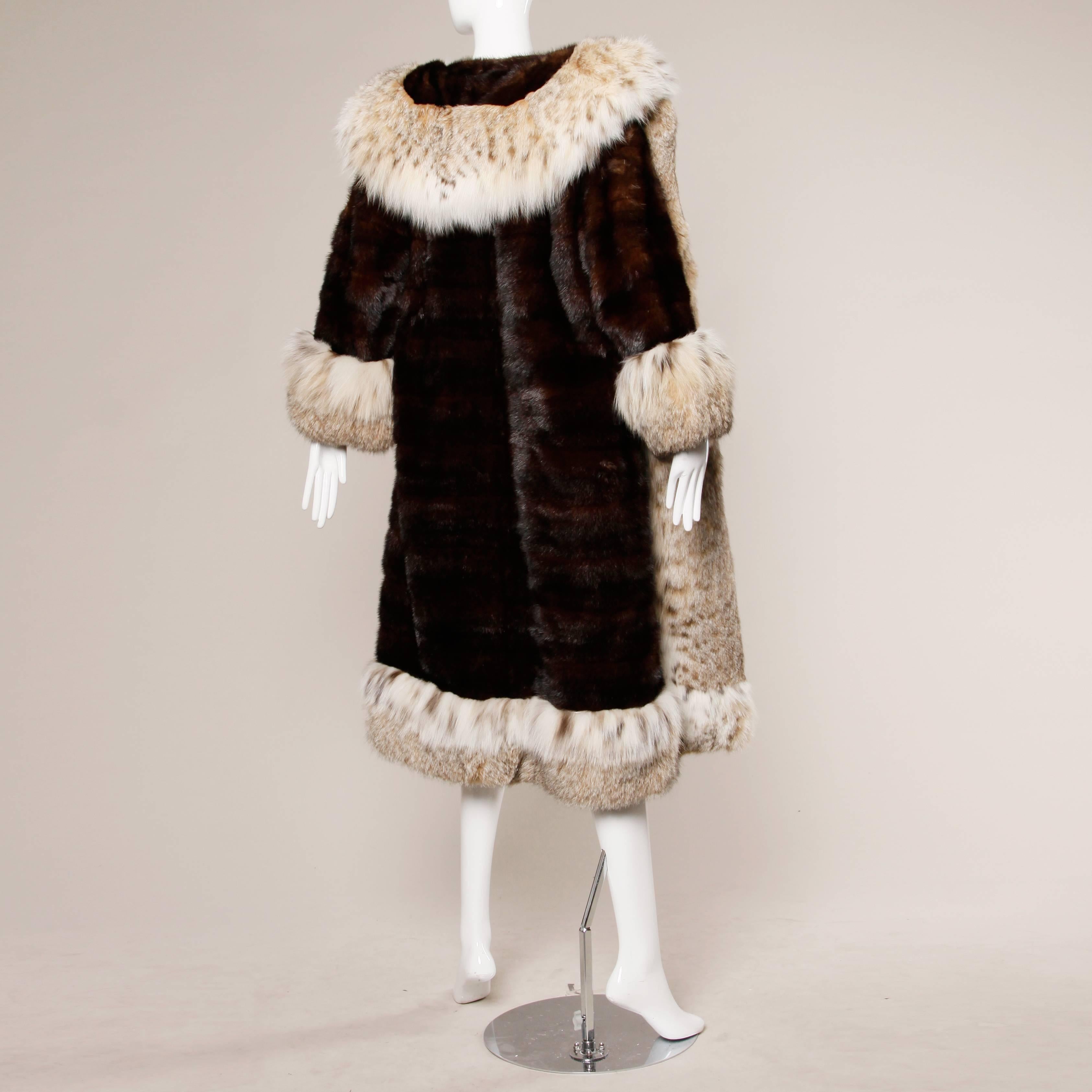 Brown Spectacular Vintage Lynx + Mahogany Mink Fur Coat with Giant Pop Up Collar