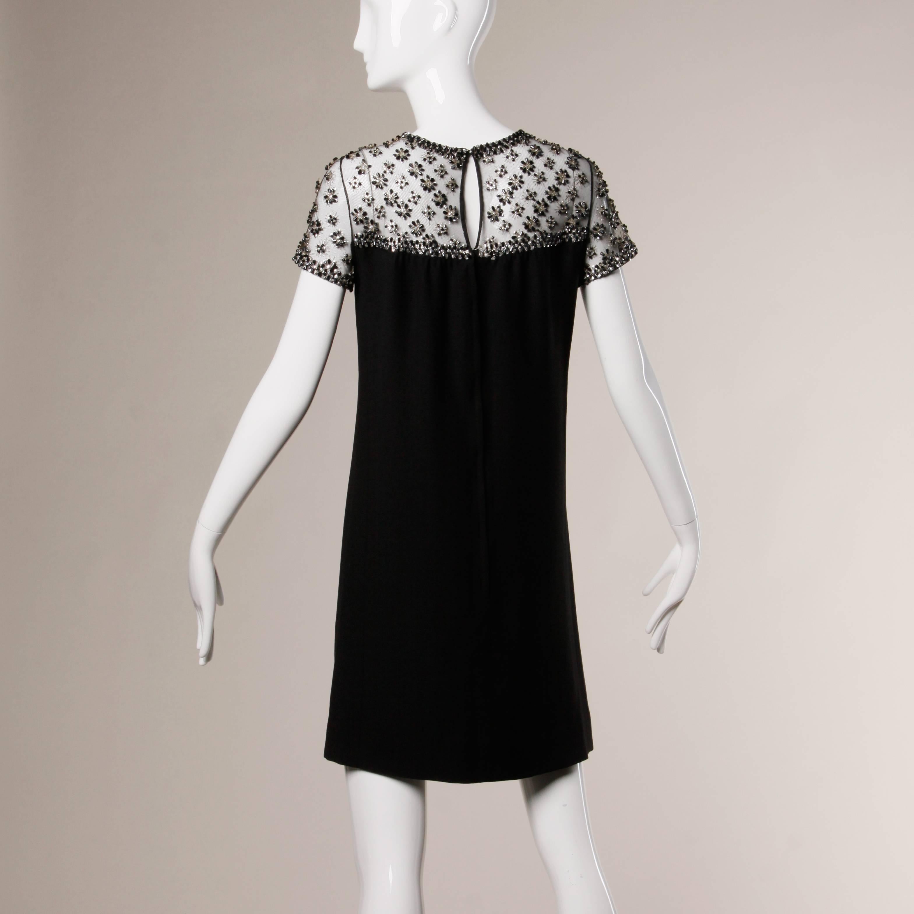 Women's 1960s Vintage Black Crepe Cocktail Dress with a Sequin + Beaded Design