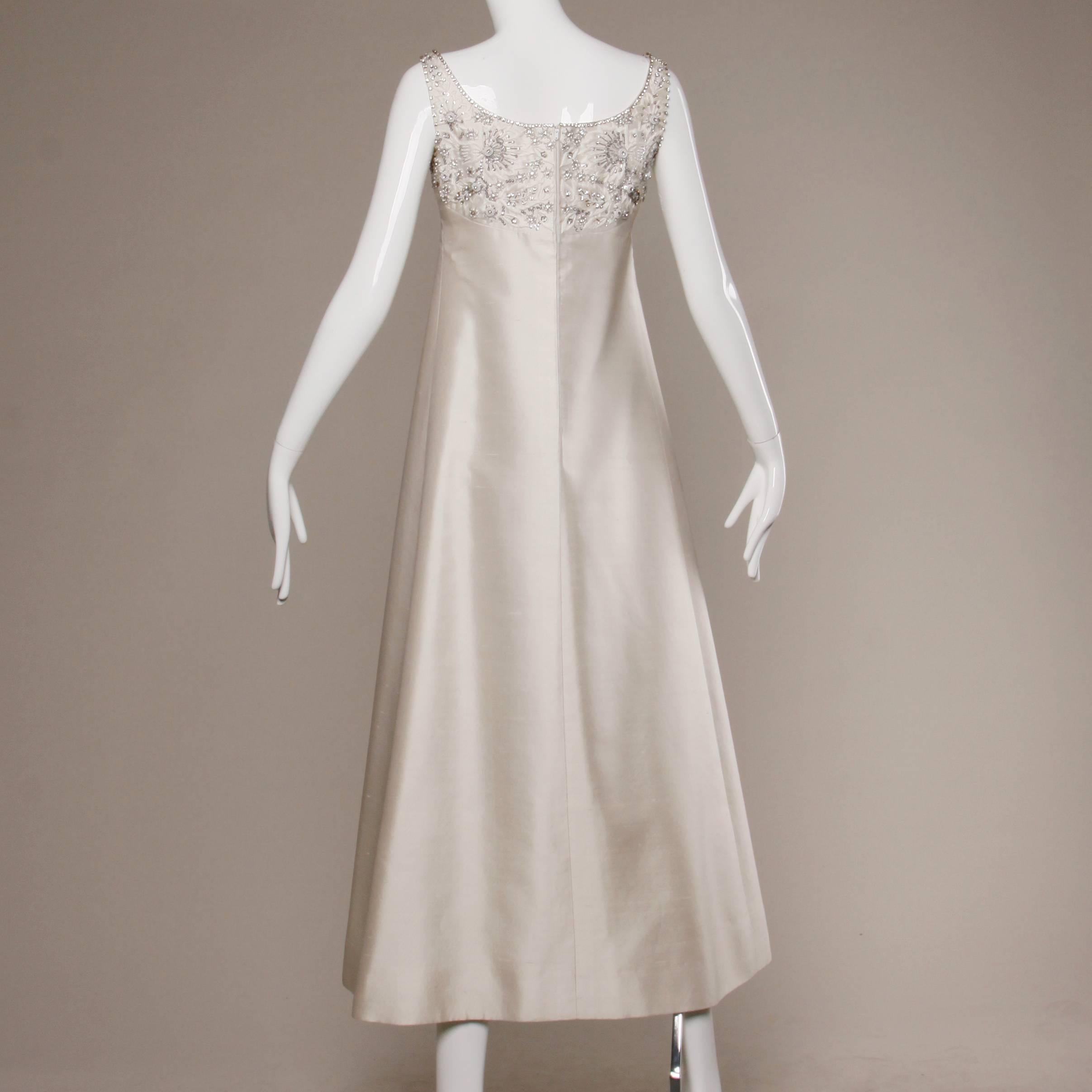 Gray Silk Shantung  White Beaded Sequin and Rhinestone Vintage Formal Gown, 1960s