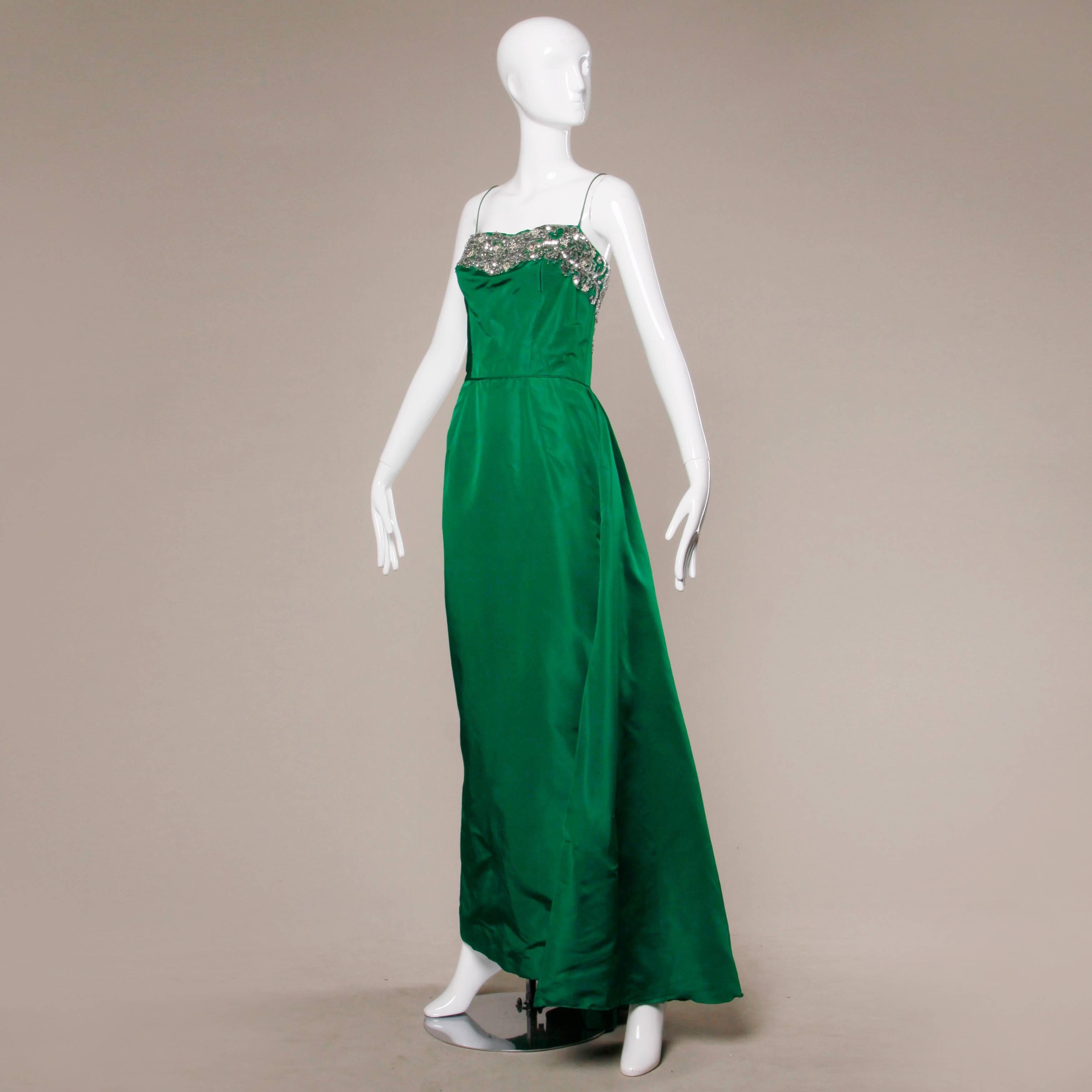 Stunning 1950s Vintage Beaded Sequin Green Silk Gown with Huge Train In Excellent Condition In Sparks, NV