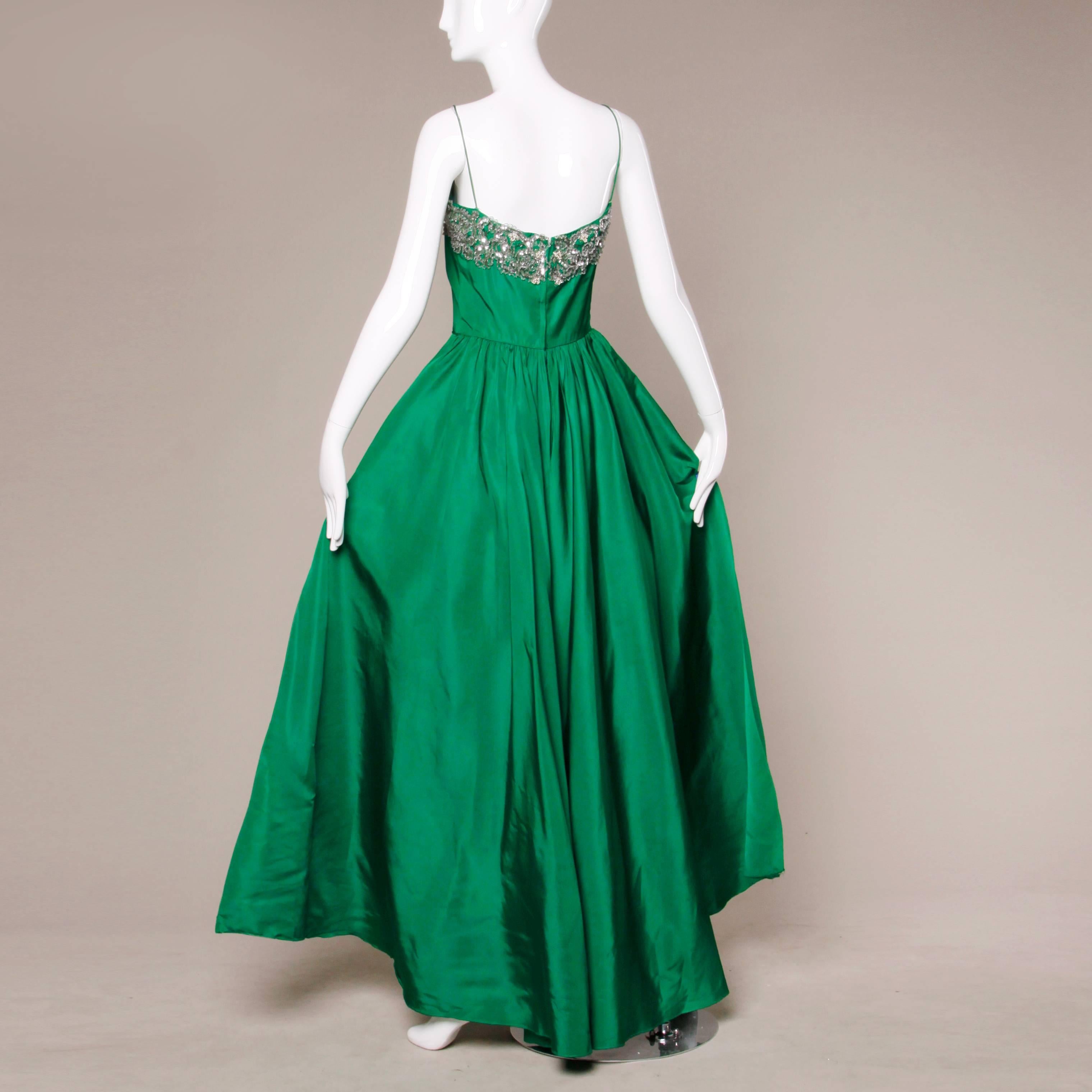 Stunning 1950s Vintage Beaded Sequin Green Silk Gown with Huge Train 1