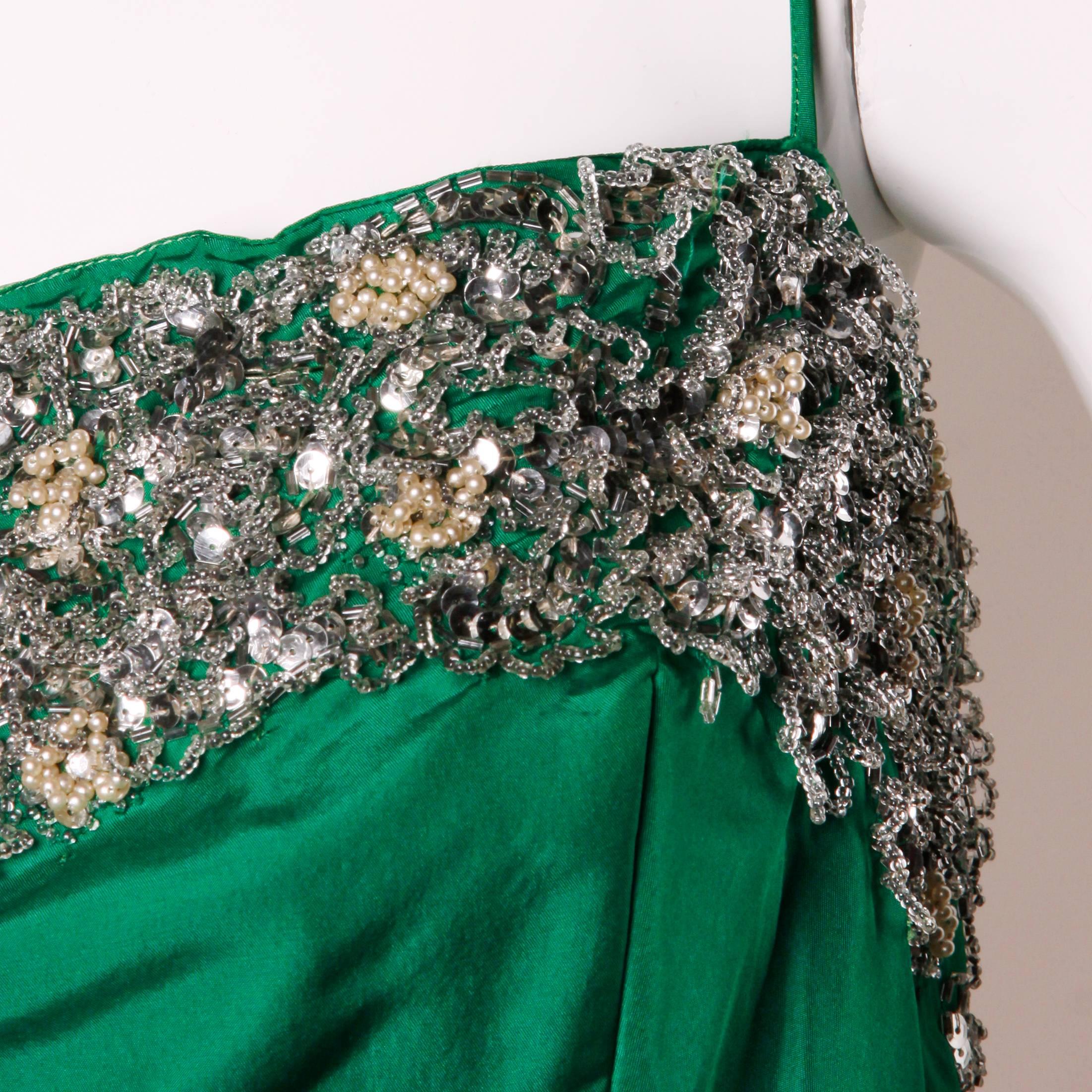 Women's Stunning 1950s Vintage Beaded Sequin Green Silk Gown with Huge Train
