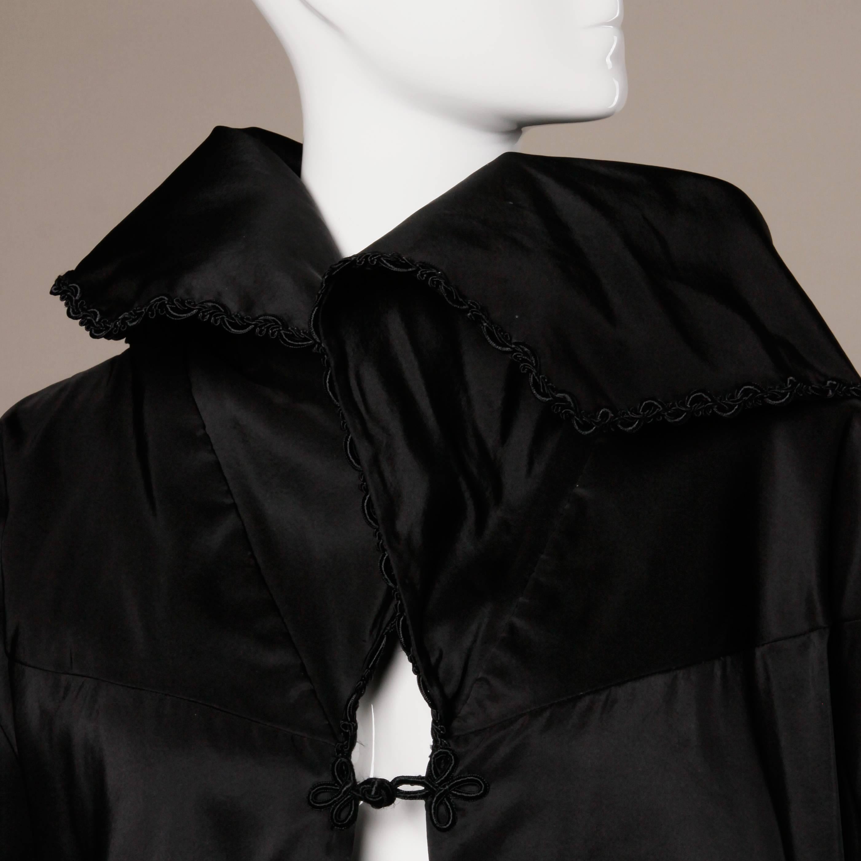 1960s Vintage Black Silk Satin Swing Coat with a Huge Sweep and Massive Collar In Excellent Condition In Sparks, NV