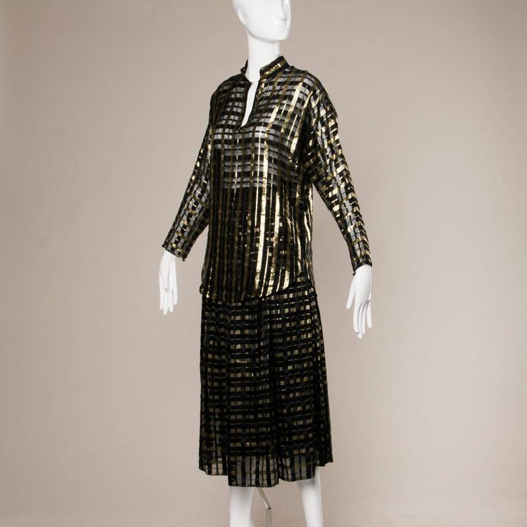 Women's 1970s Vintage Metallic Paper Thin Silk Chiffon Blouse + Skirt Ensemble For Sale