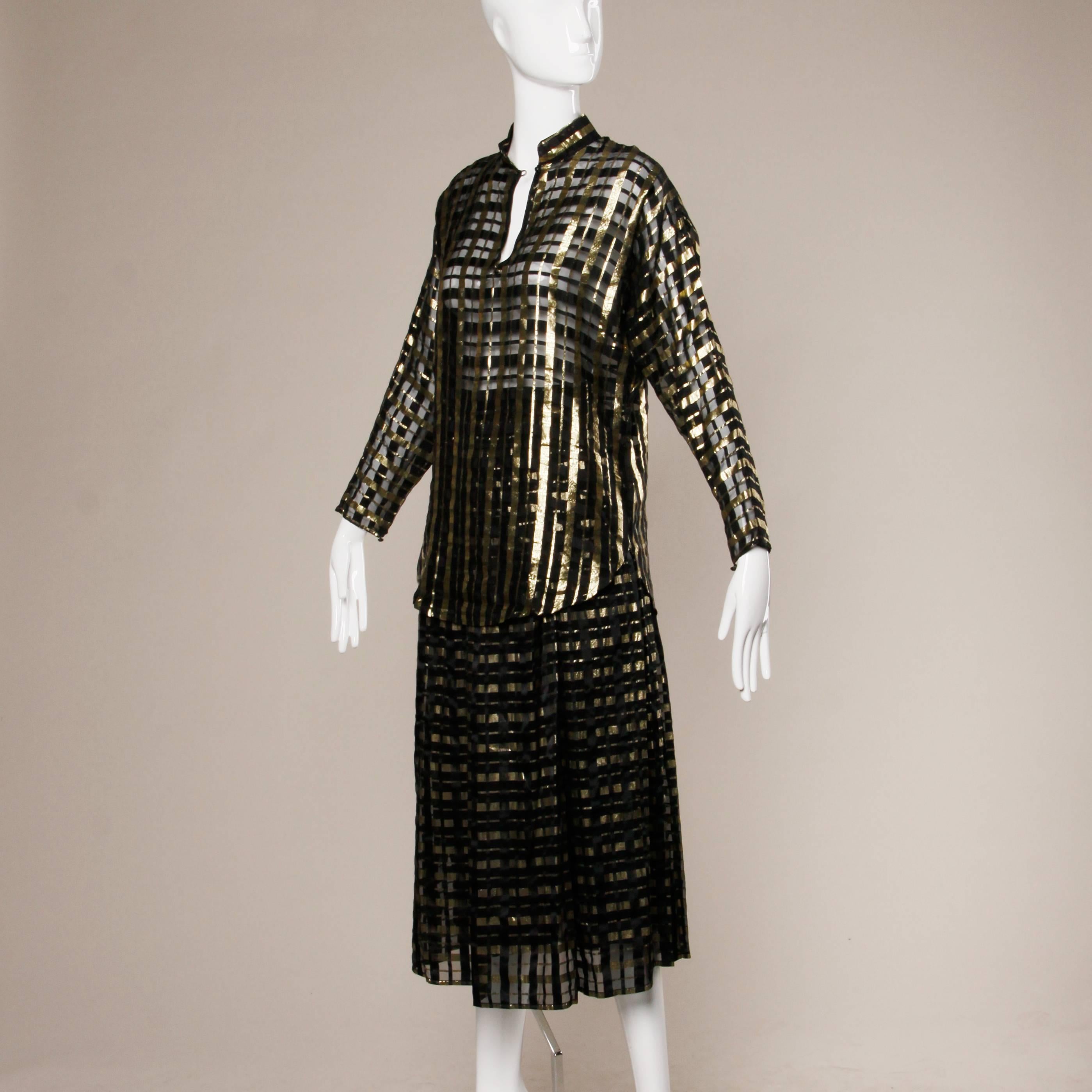 Women's 1970s Vintage Metallic Paper Thin Silk Chiffon Blouse + Skirt Ensemble