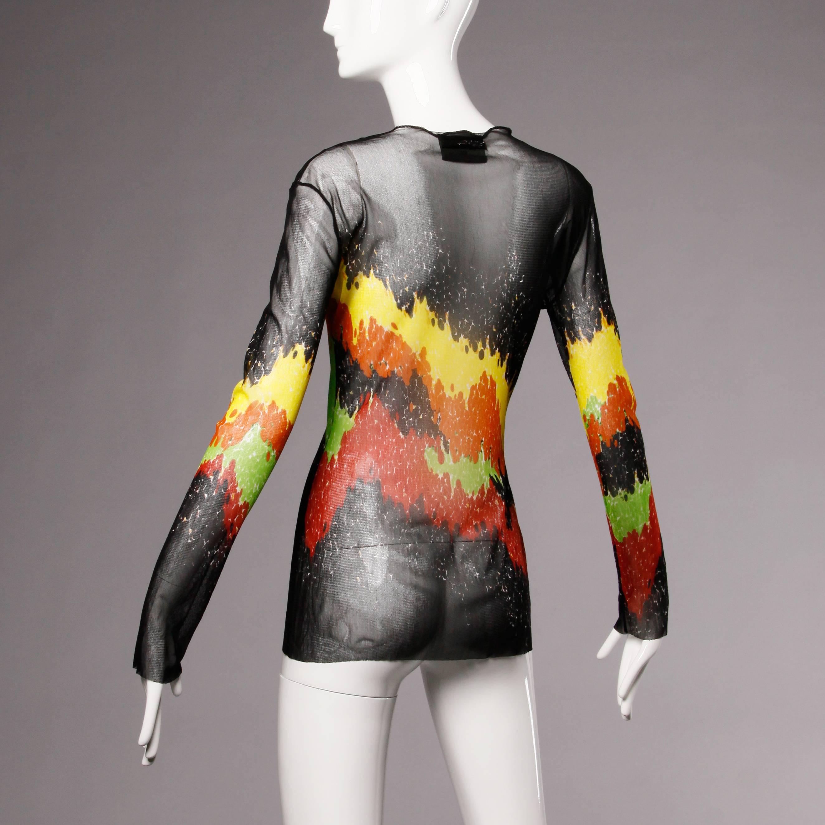 Jean Paul Gaultier Mesh Abstract Print Long Sleeve Sheer Top or Shirt 1