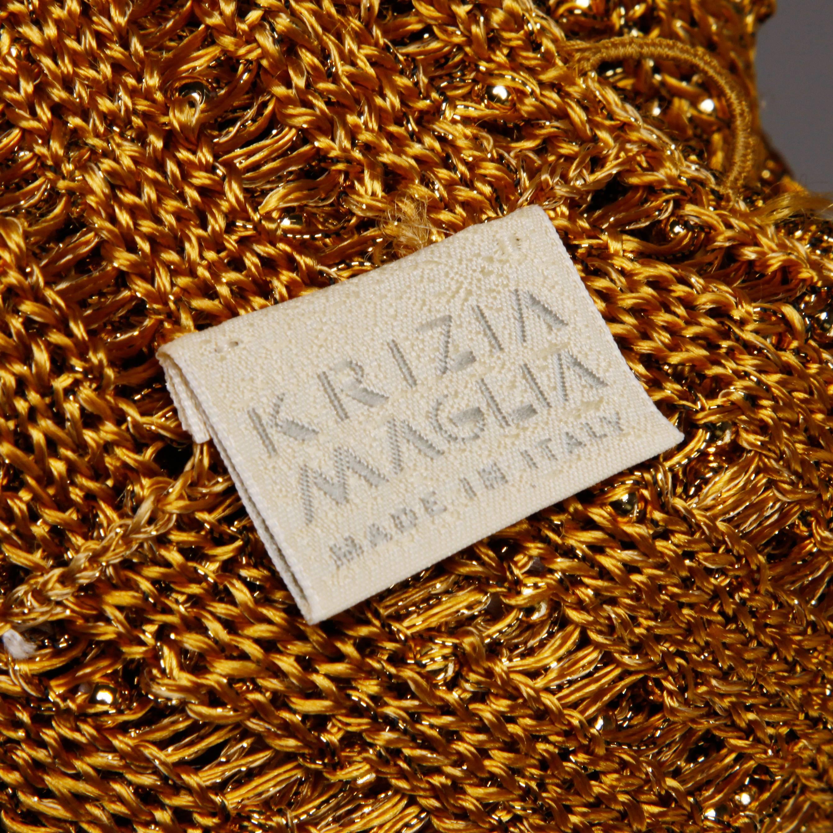 Brown Krizia Maglia 1990s Metallic Gold Beaded Knit Turtle Neck Sweater Top