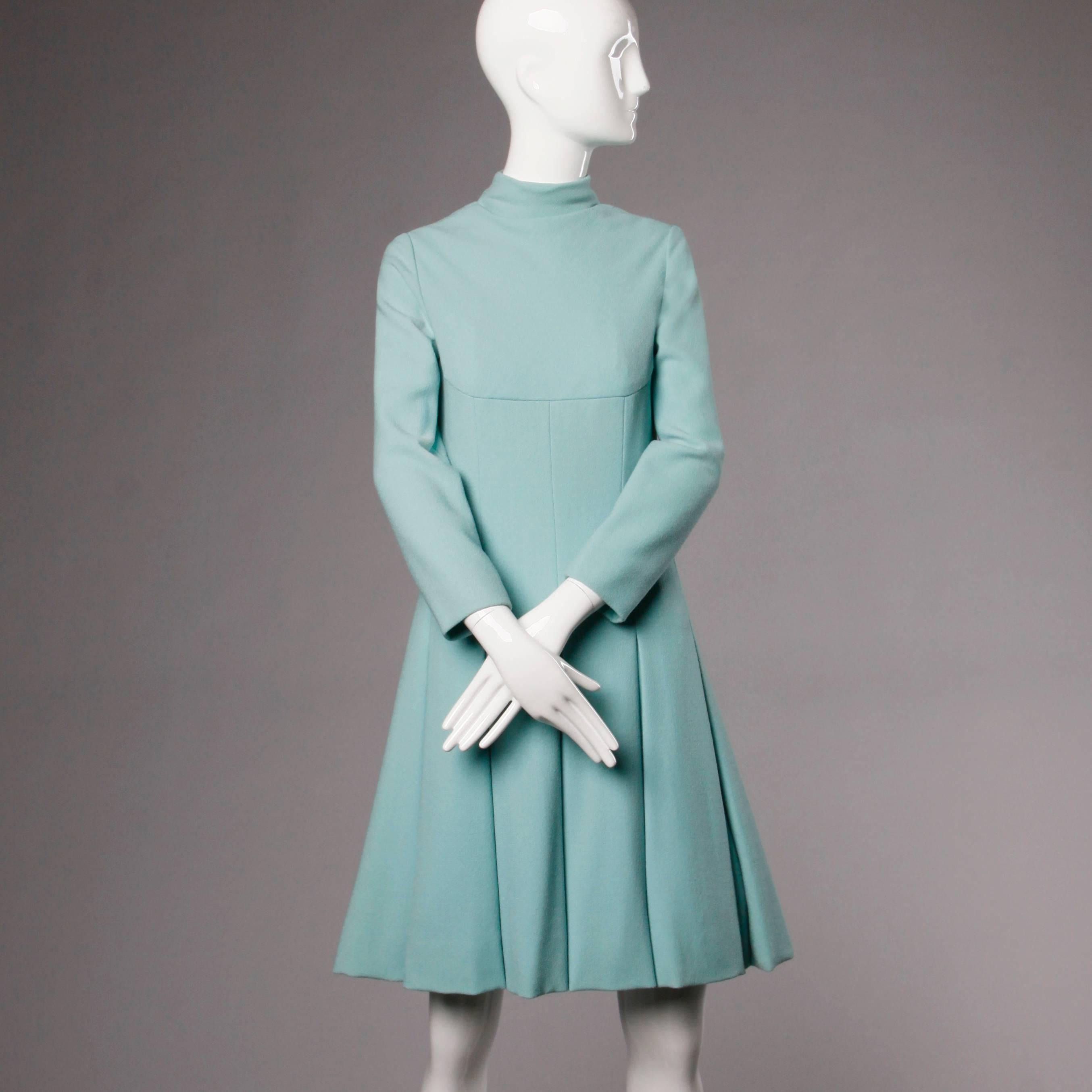 1960s Adele Simpson Vintage Robin's Egg Blue Box Pleated Mod Wool Dress In Excellent Condition In Sparks, NV