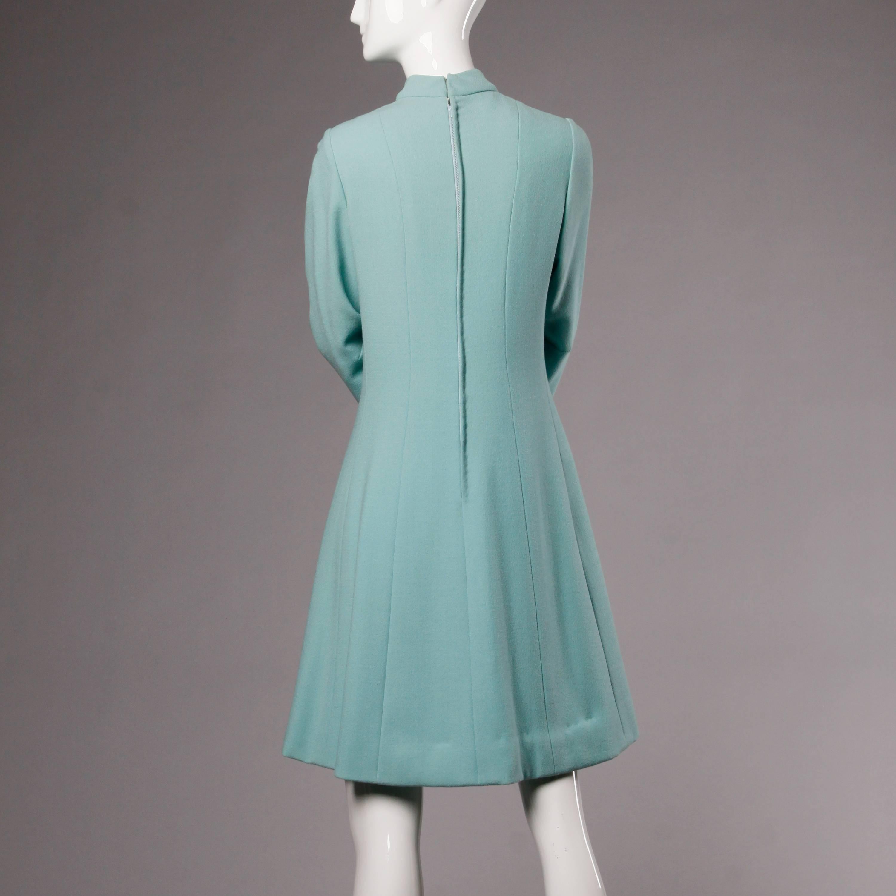 1960s Adele Simpson Vintage Robin's Egg Blue Box Pleated Mod Wool Dress 1