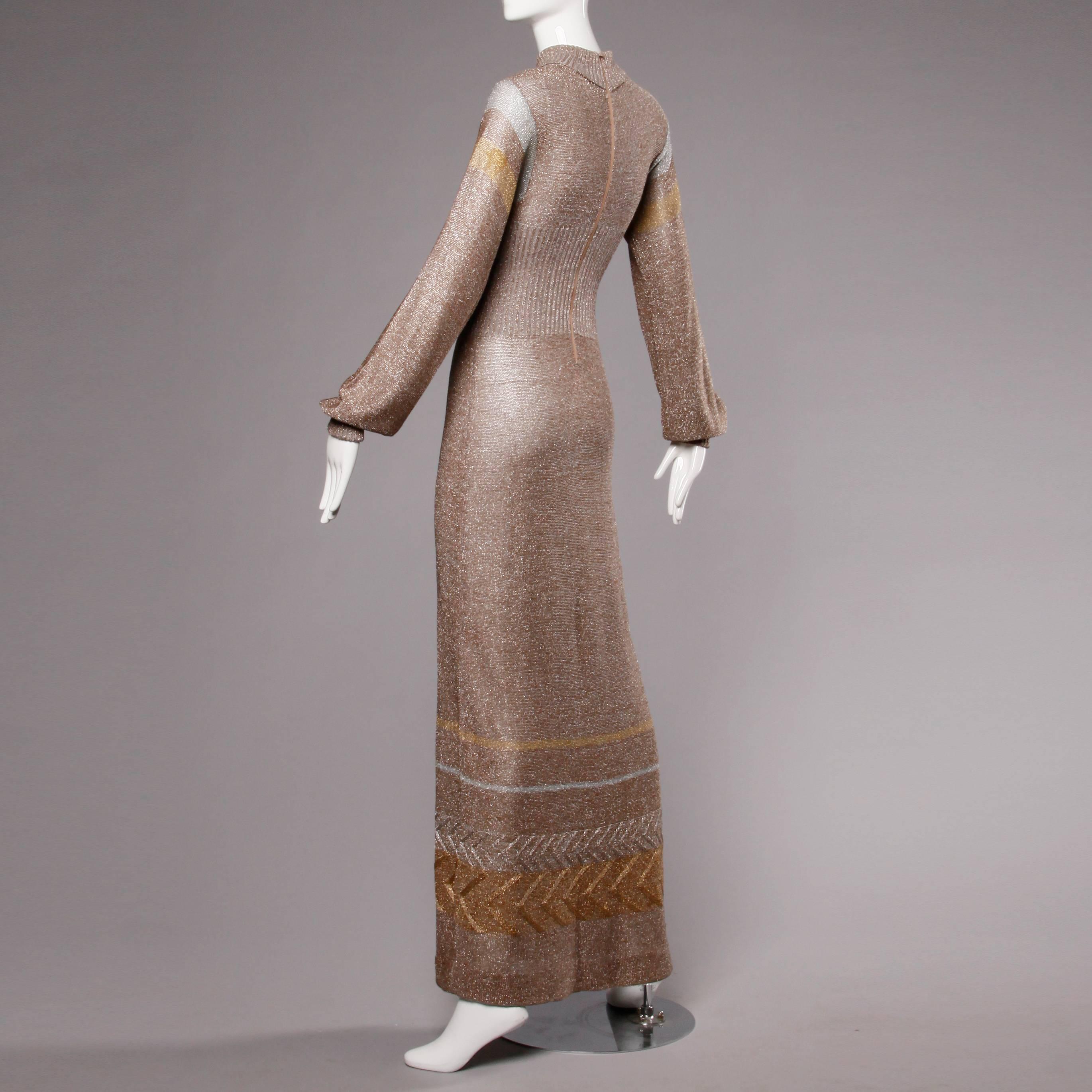Brown 1970s Wenjilli Vintage Metallic Knit Maxi Dress or Gown with Long Sleeves