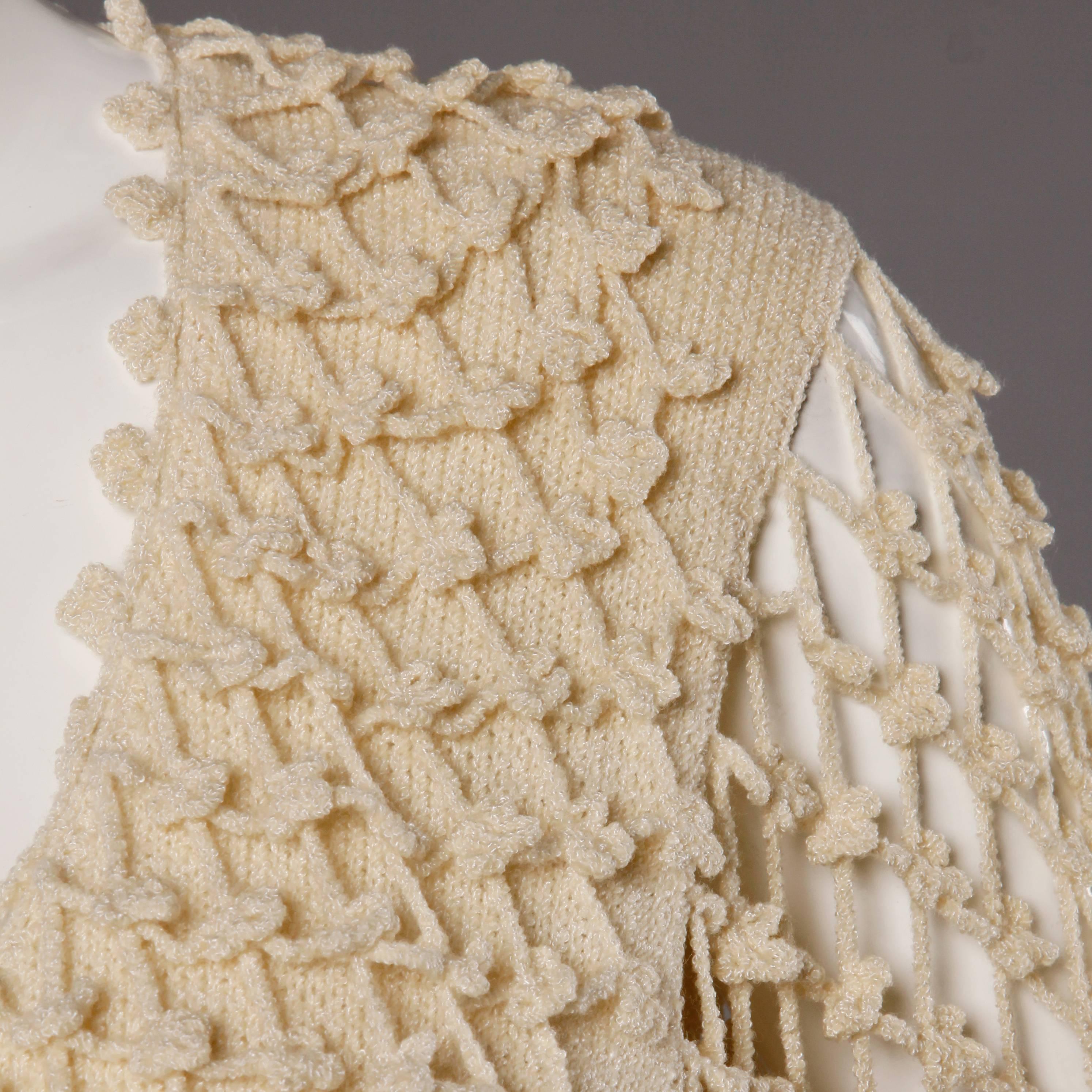 Women's 1970s Lillie Rubin Vintage Silk Wool Crochet + Knit Top with Flutter Sleeves