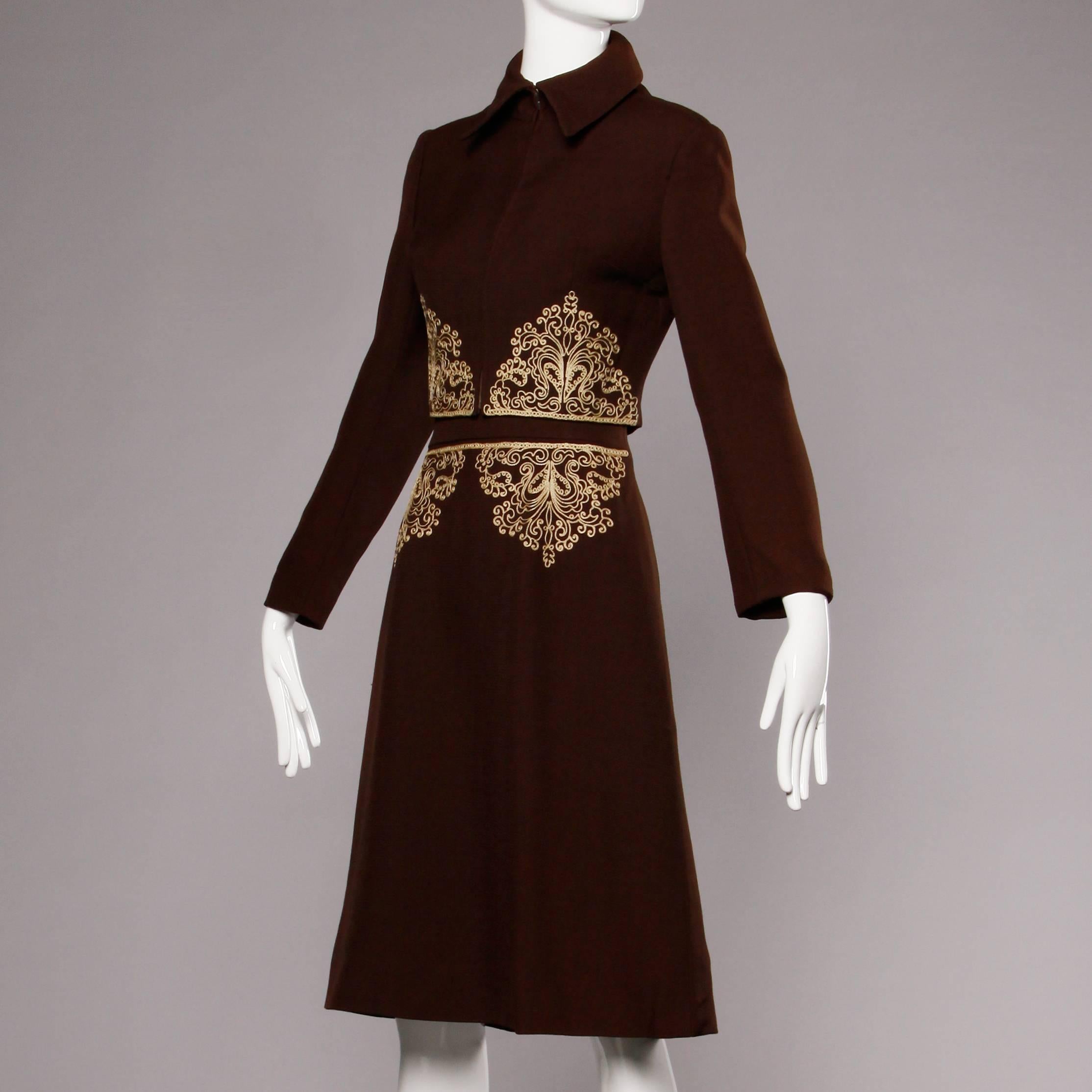 Women's 1960s Vintage English-Made Wool Jacket + Skirt Ensemble with Embroidery