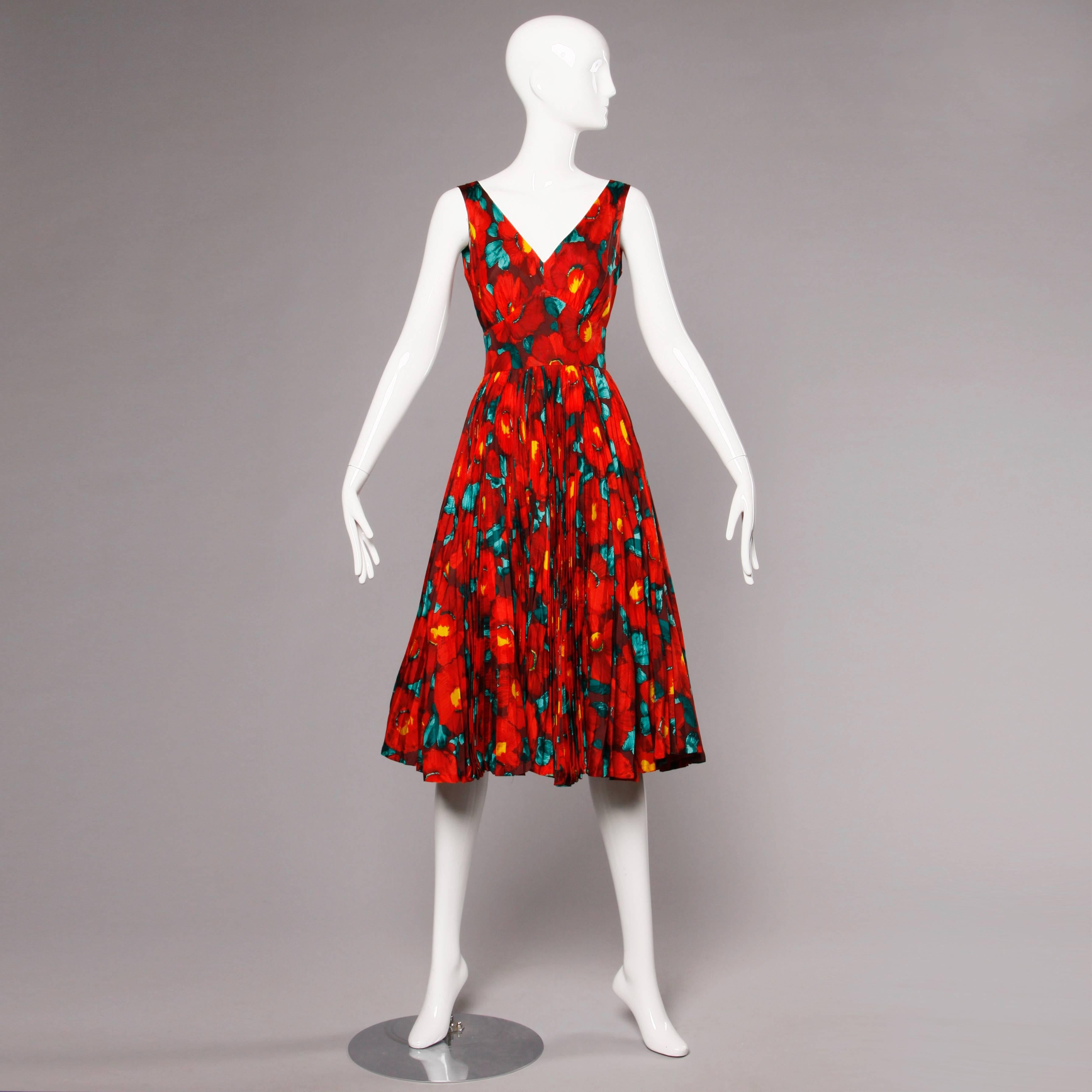 Women's Incredible 1950s Red Floral Print Silk Dress with a Massive Pleated Sweep