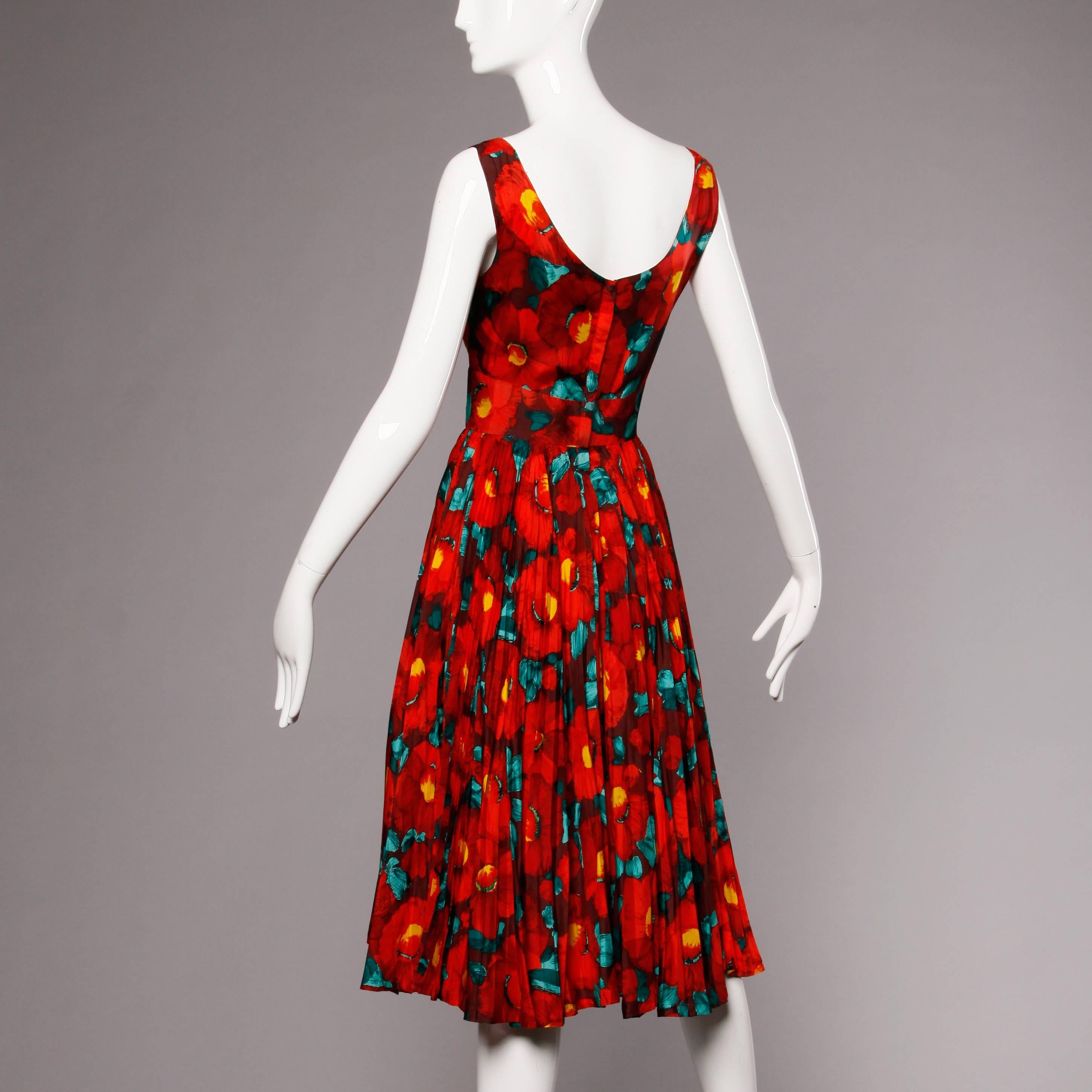 Incredible 1950s Red Floral Print Silk Dress with a Massive Pleated Sweep 2