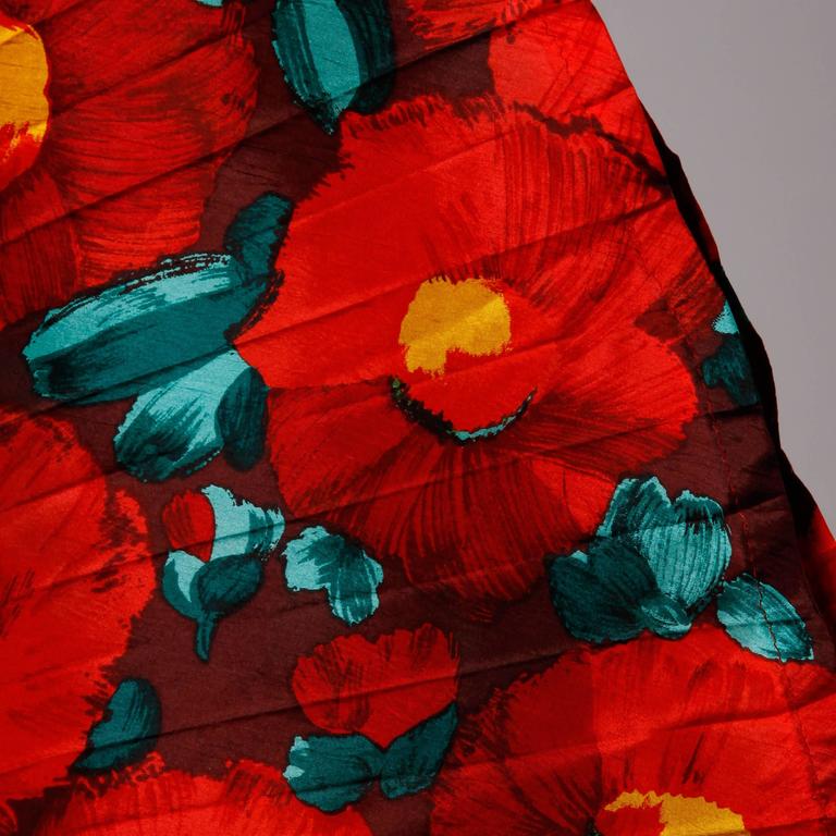Incredible 1950s Red Floral Print Silk Dress with a Massive Pleated ...