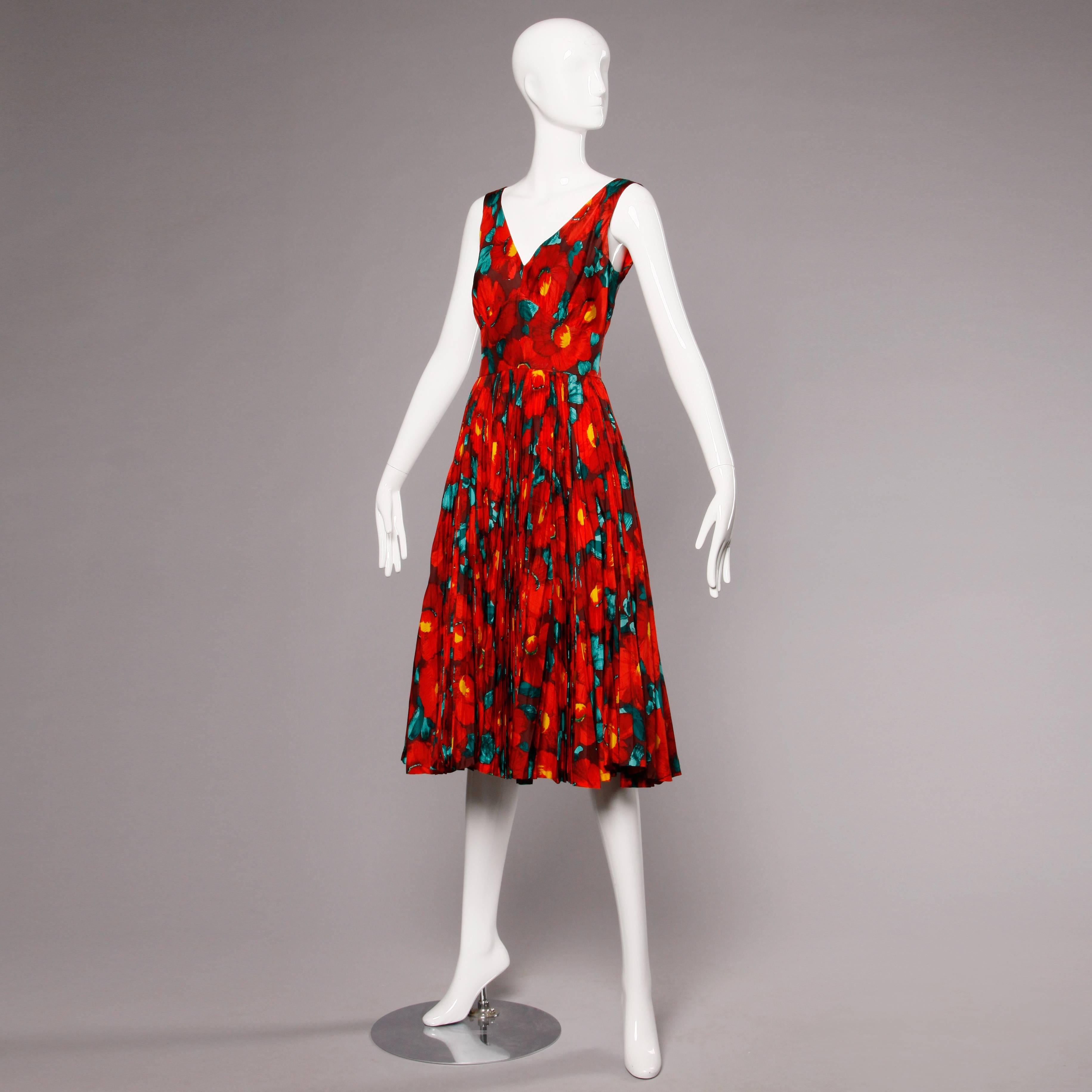 Incredible 1950s Red Floral Print Silk Dress with a Massive Pleated Sweep 4