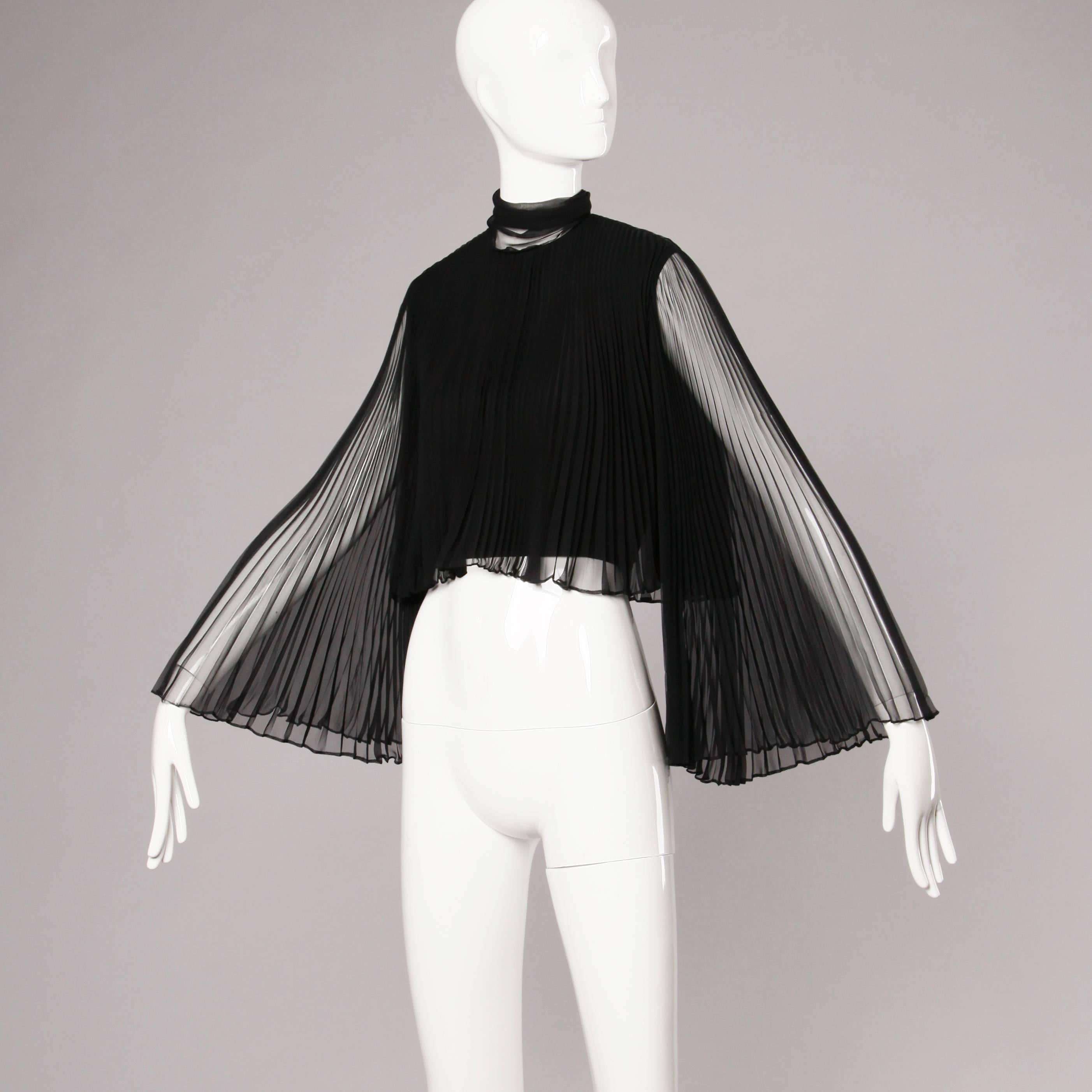 Women's Mollie Parnis Vintage 1960s Black Accordian Pleated Crop Top with Angel Sleeves