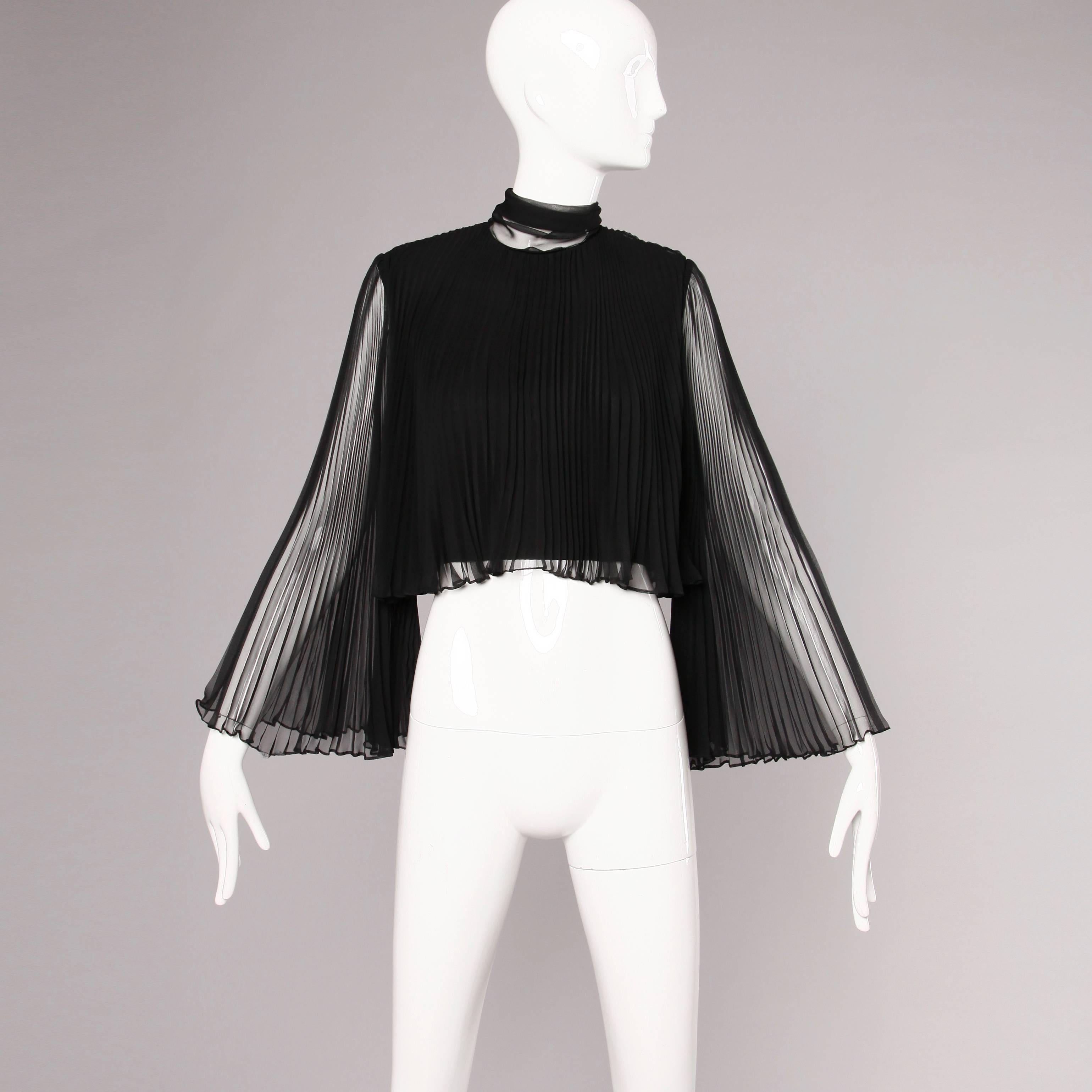 Mollie Parnis Vintage 1960s Black Accordian Pleated Crop Top with Angel Sleeves 2