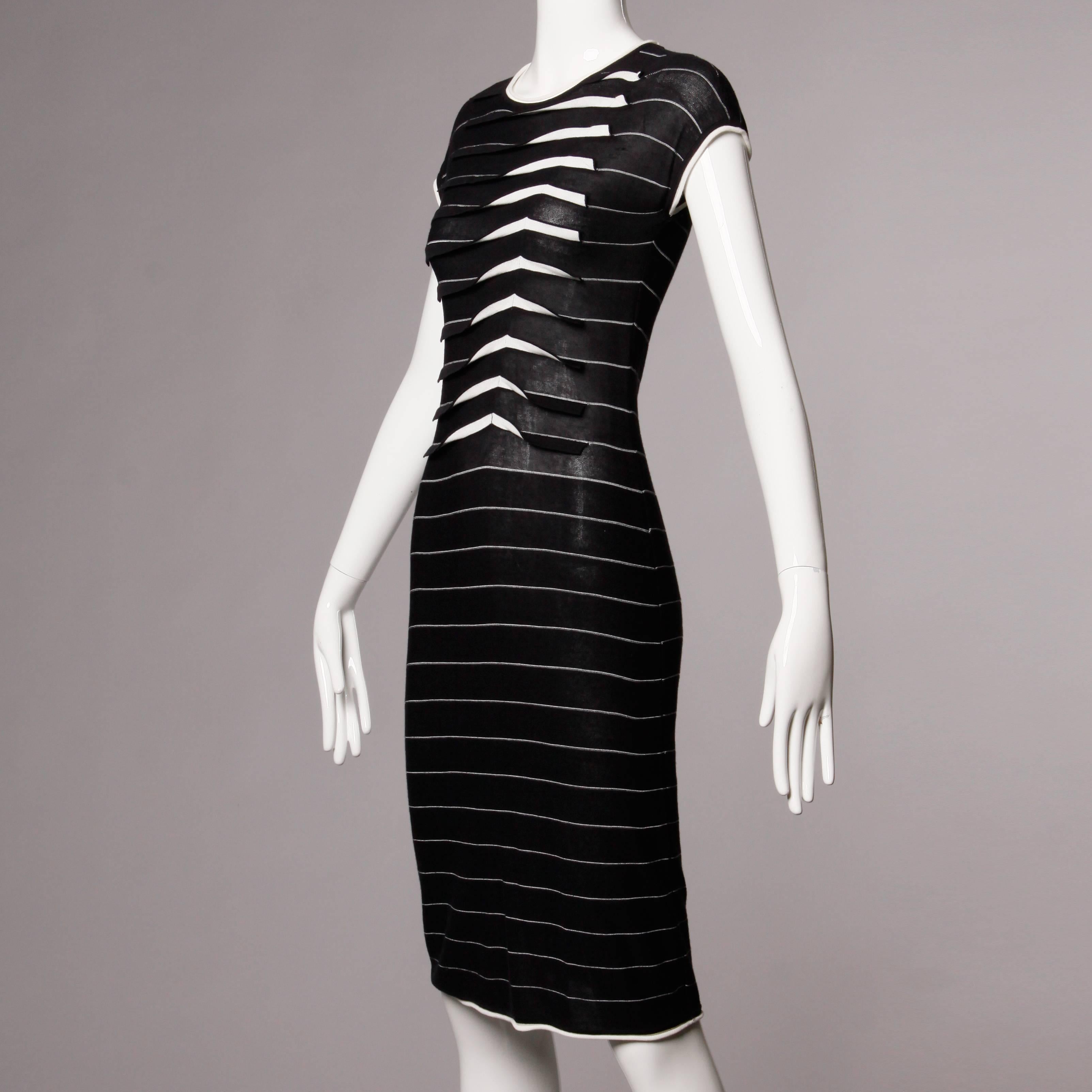 Black Armani Graphic Striped Knit Dress with Origami Chevron Pleats