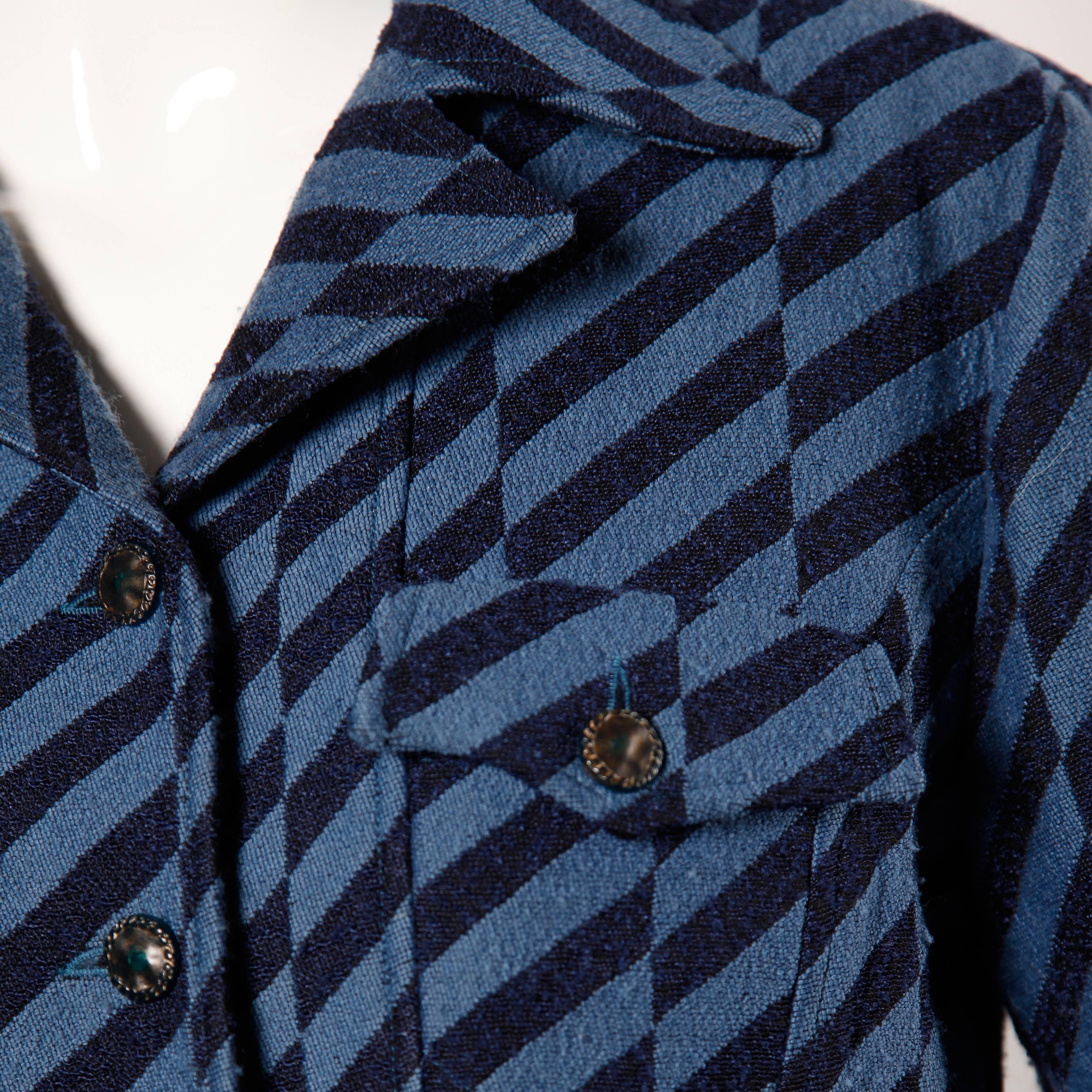 Women's Christian Lacroix Vintage Striped Two Tone Blue Military Jacket, 1980s 