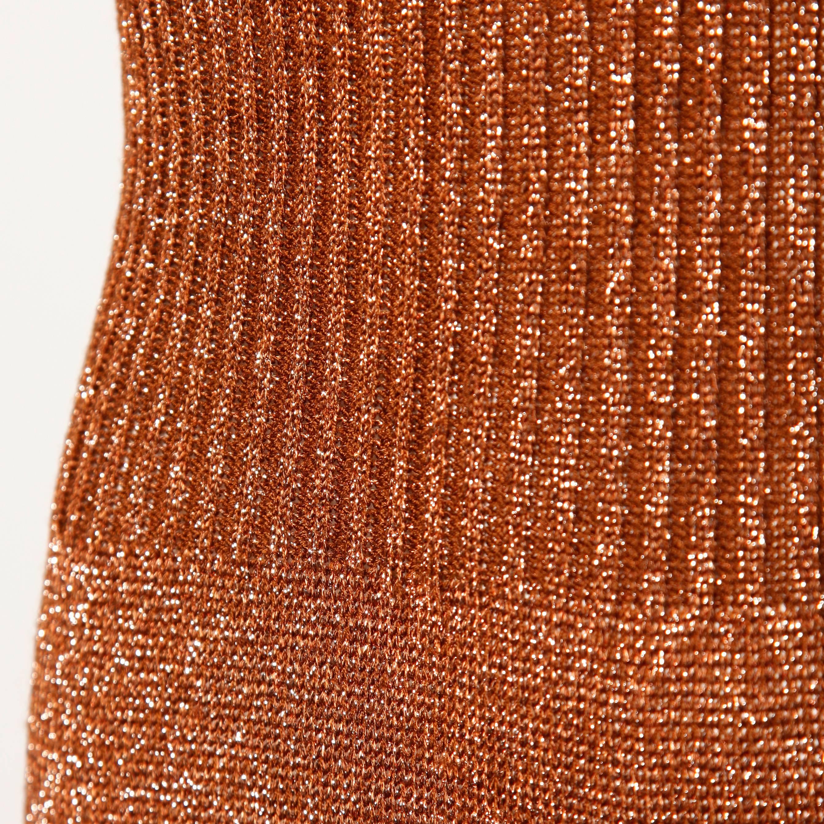 1970s Wenjilli Vintage Slinky Bronze Metallic Knit Maxi Dress 1