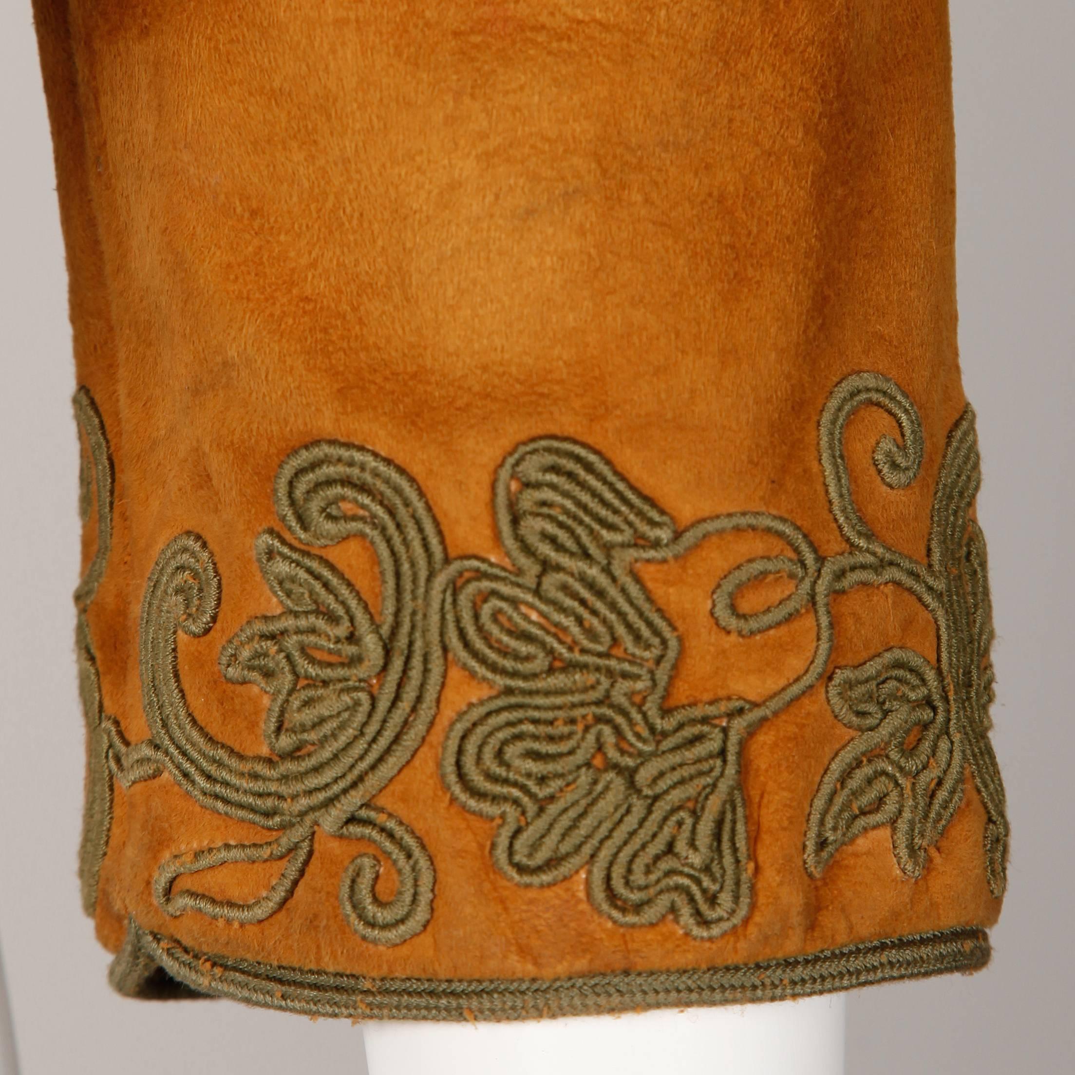 Women's Oscar de la Renta Vintage 1970s Suede Leather Jacket with Green Cord Embroidery