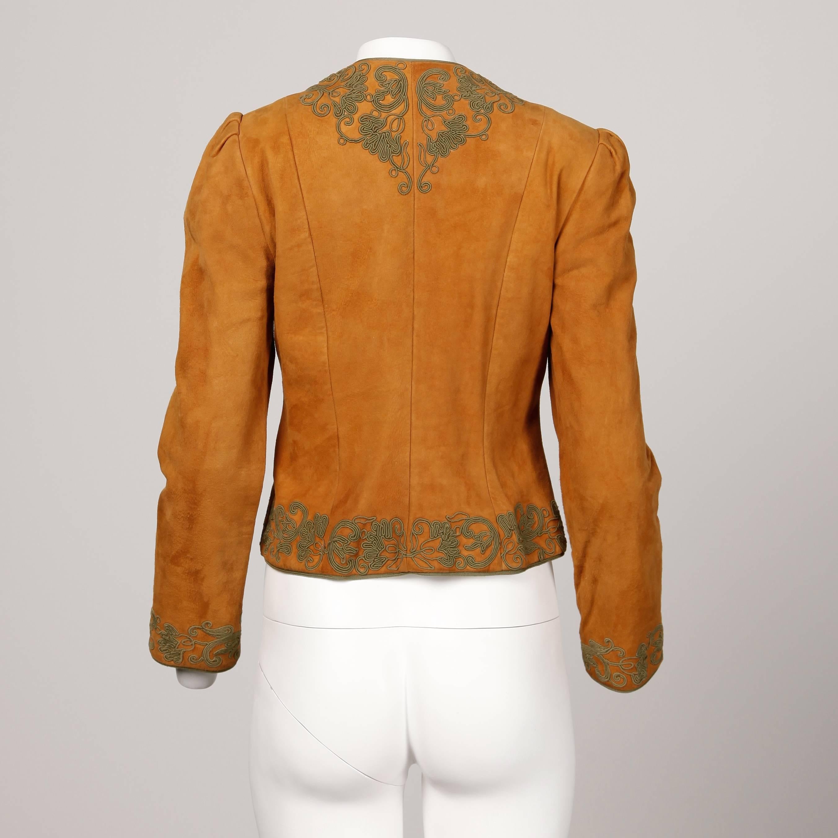 Oscar de la Renta Vintage 1970s Suede Leather Jacket with Green Cord Embroidery 1