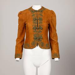 Oscar de la Renta Vintage 1970s Suede Leather Jacket with Green Cord Embroidery