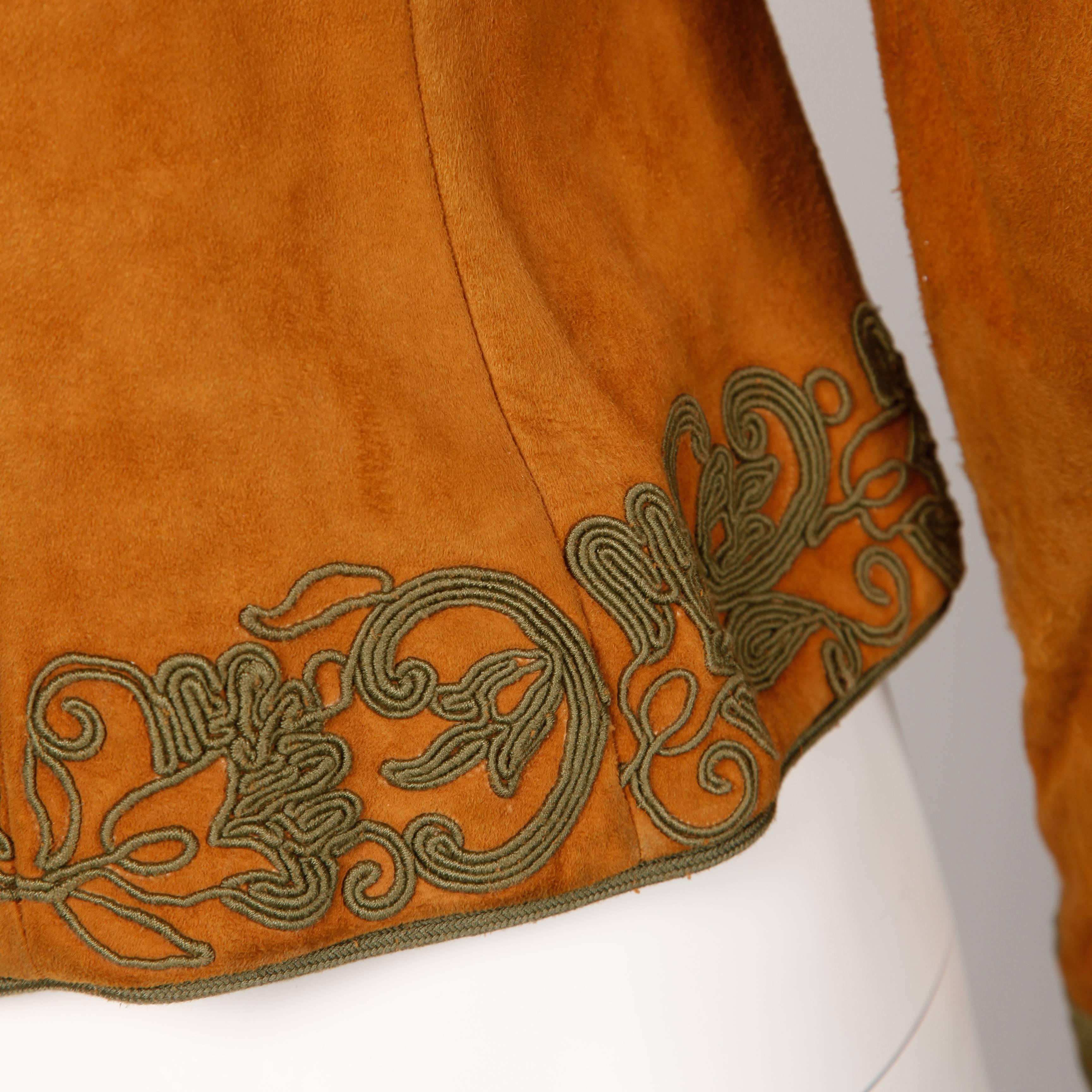 Oscar de la Renta Vintage 1970s Suede Leather Jacket with Green Cord Embroidery 5