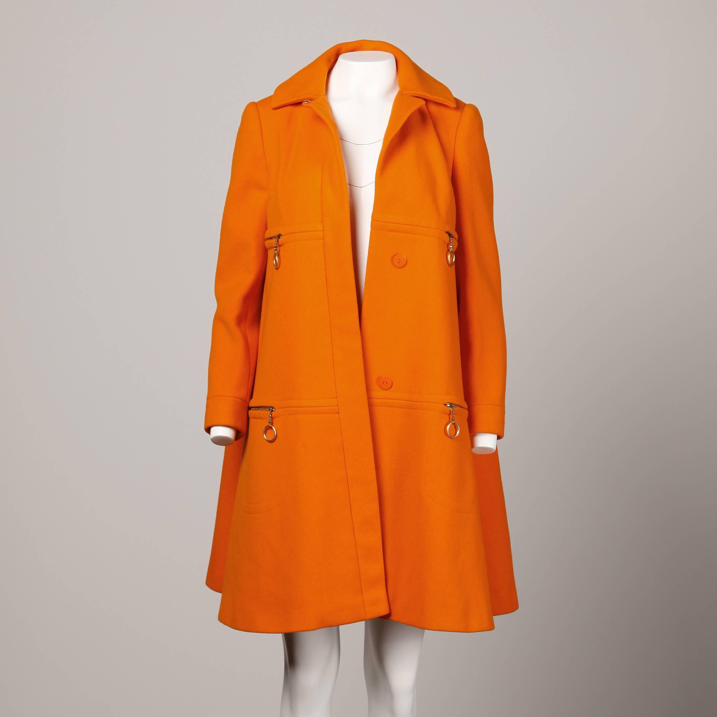 Mary Quant Vintage 1960s Mod Orange Wool Trapeze Swing Coat with Ring Pulls In Excellent Condition In Sparks, NV