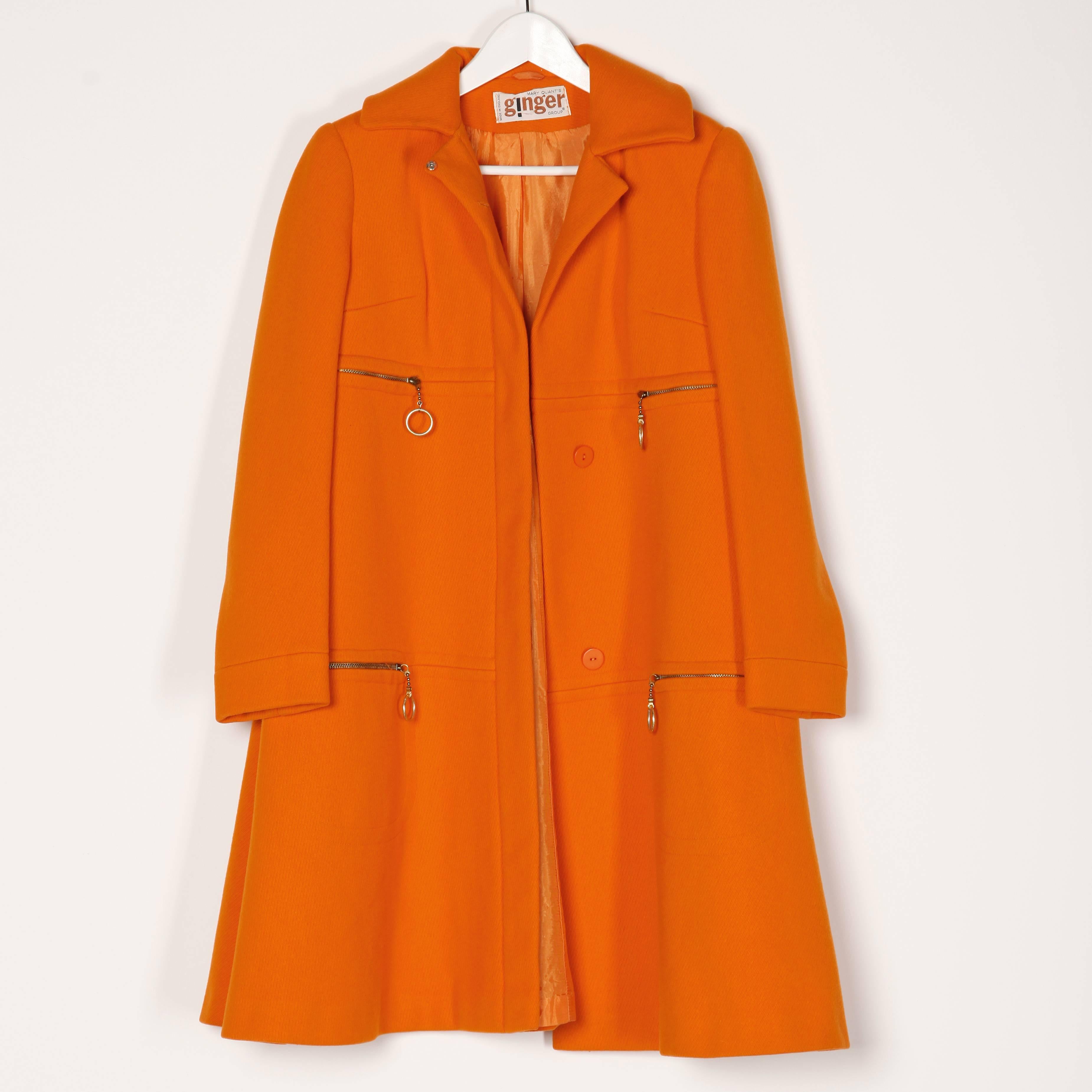 Mary Quant Vintage 1960s Mod Orange Wool Trapeze Swing Coat with Ring Pulls 1